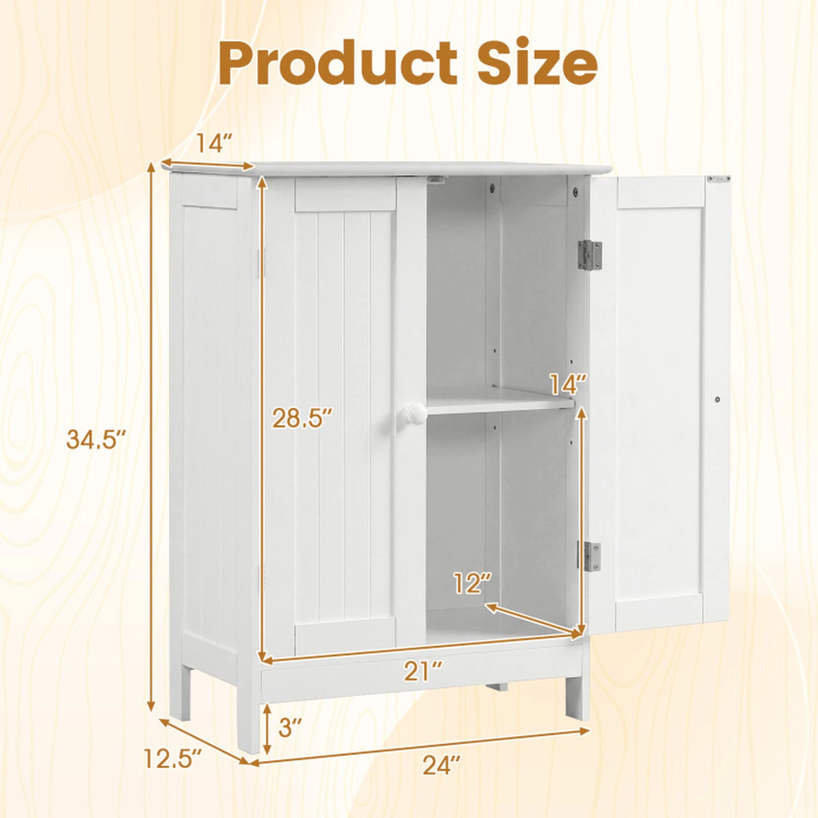 SUGIFT White 176-lb Top Capacity Double Door Bathroom Floor Storage Cabinet with 3-Level Adjustable Shelf