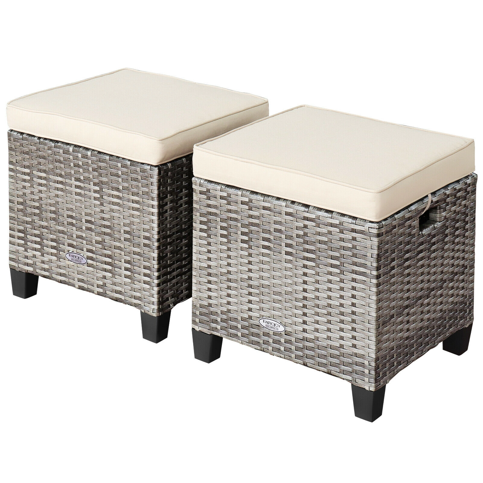 LJG 2 Pieces Patio Rattan Ottoman Seat with Removable Cushions