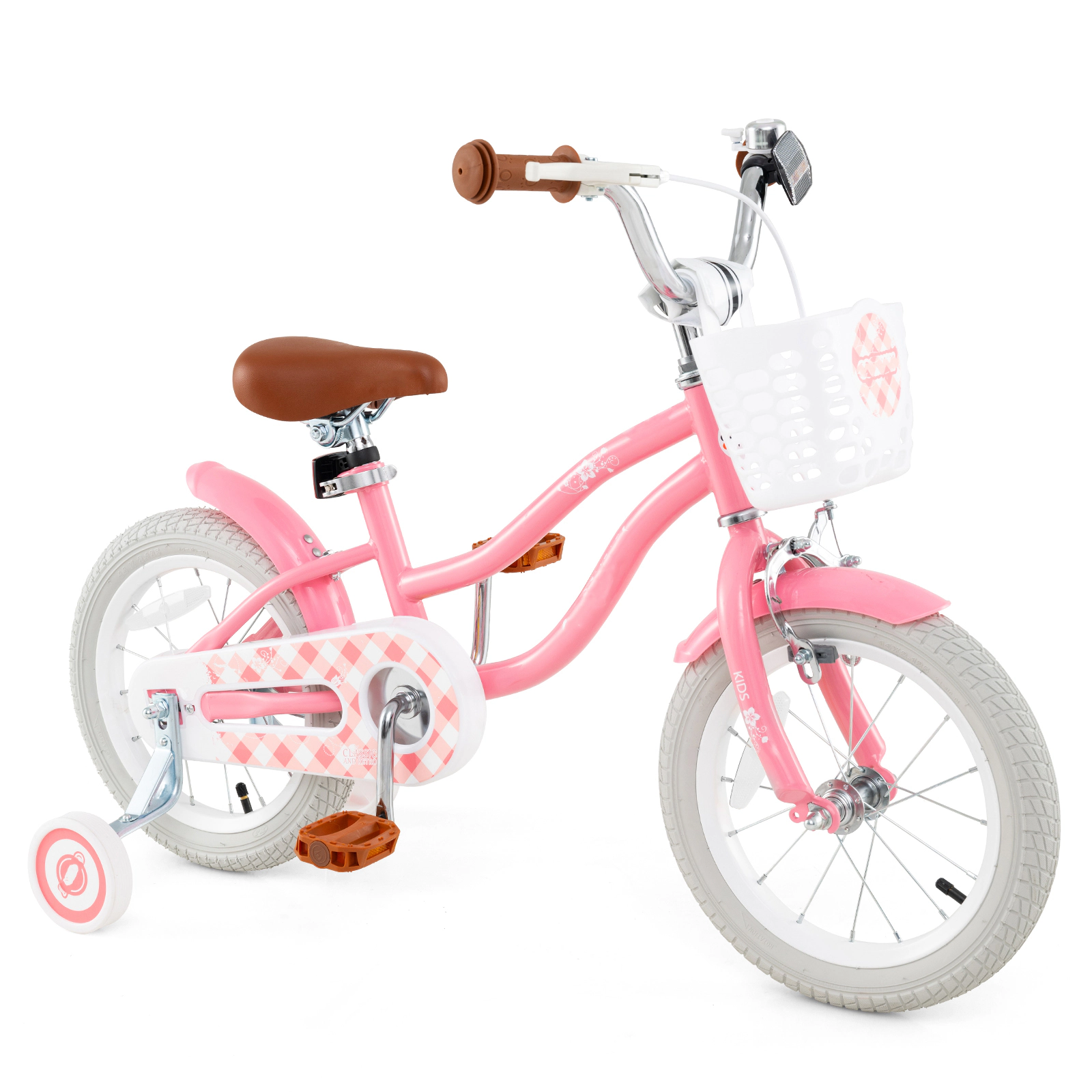 SUGIFT 16-Inch Kids Bike with Training Wheels, Dual Brakes and Basket 99-lb Capacity Ages 4-7 Years Peach
