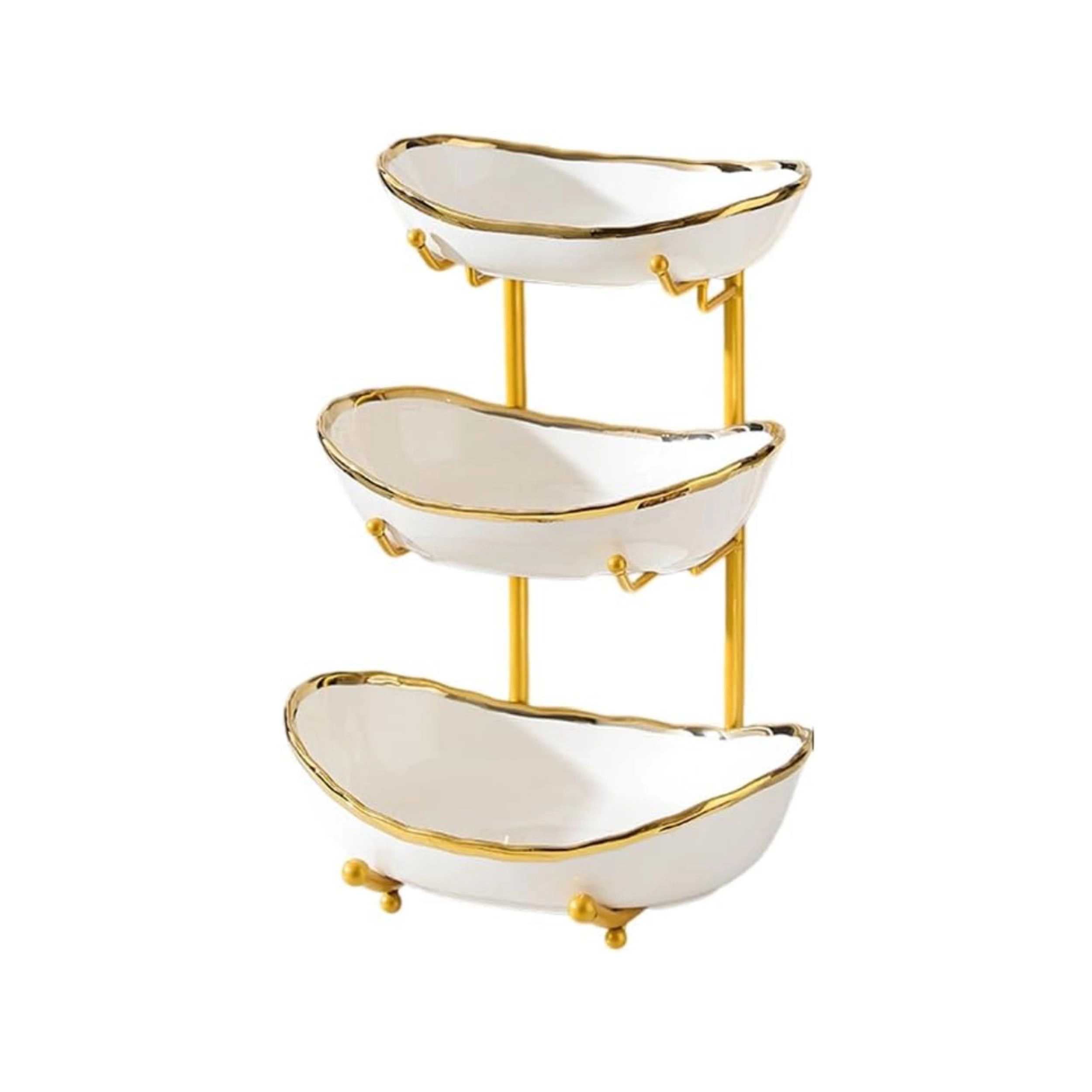 Stock Preferred 3 Tier Ceramic Fruit Bowl Stand with Metal Frame for Kitchen Counter