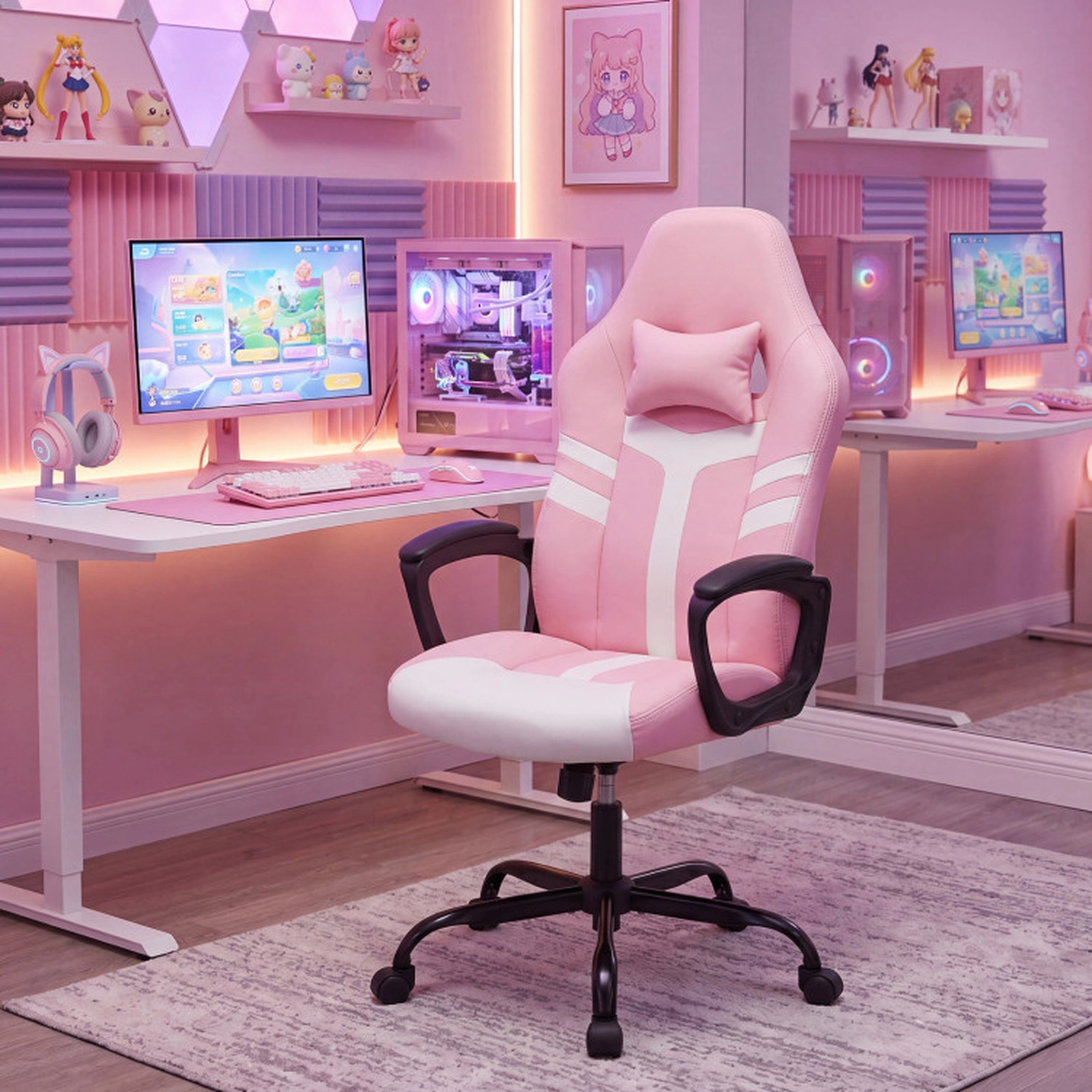 SUGIFT Faux Leather Upholstered Gaming Office Chair 275-lb Capacity with Removable Head Pillow and Rocking Function Pink
