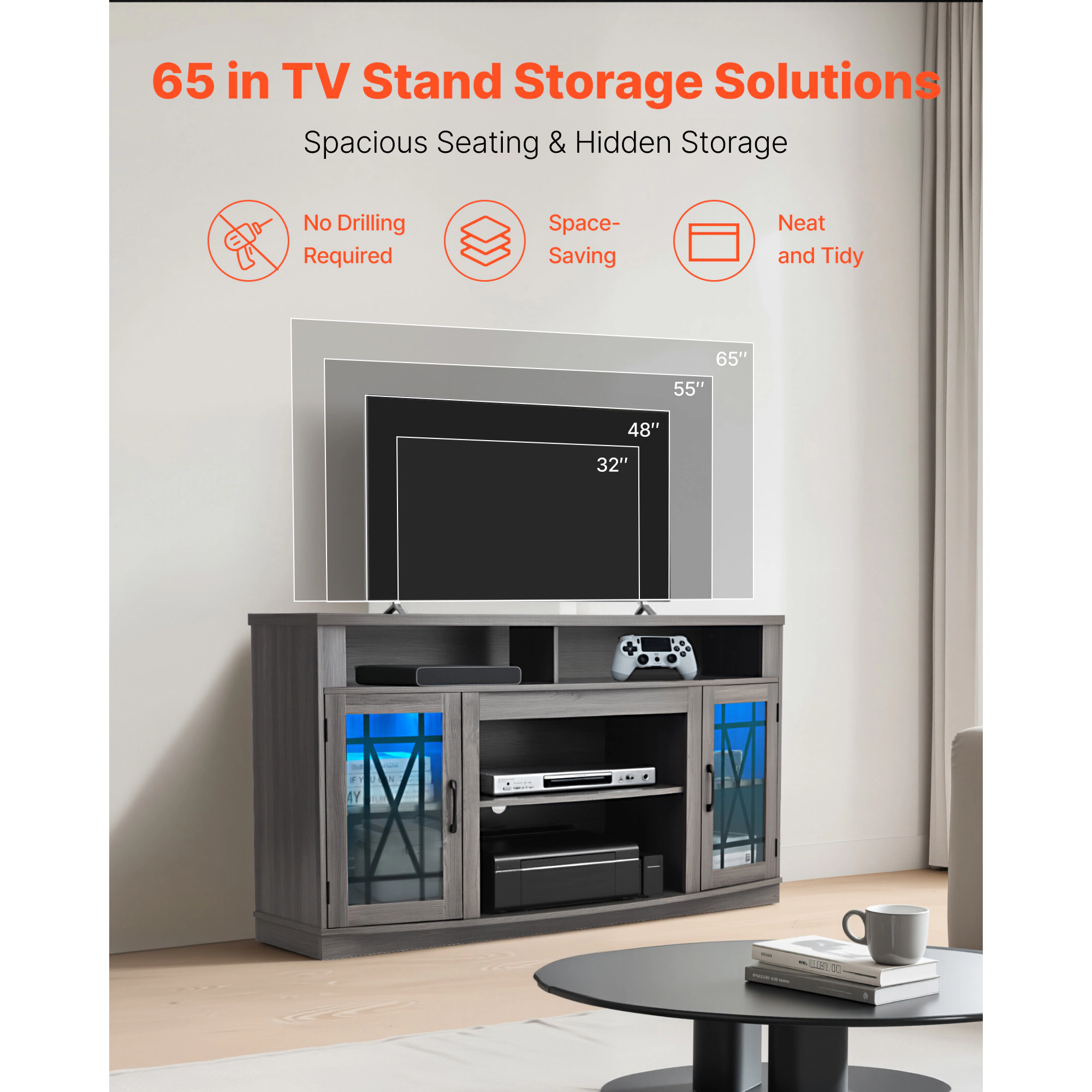 HONGGE TV Stand for TVs up to 65 Inch, Entertainment Center with Light Strip