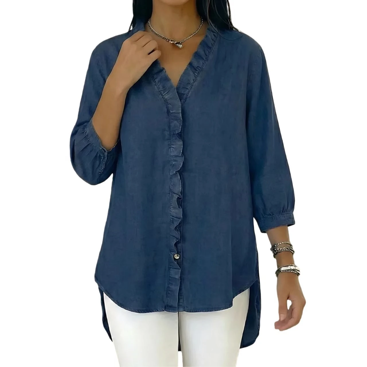 YesFashion Womens Denim Shirt Button Down 3/4 Sleeve Ruffled Edge Jean Blouses Tops