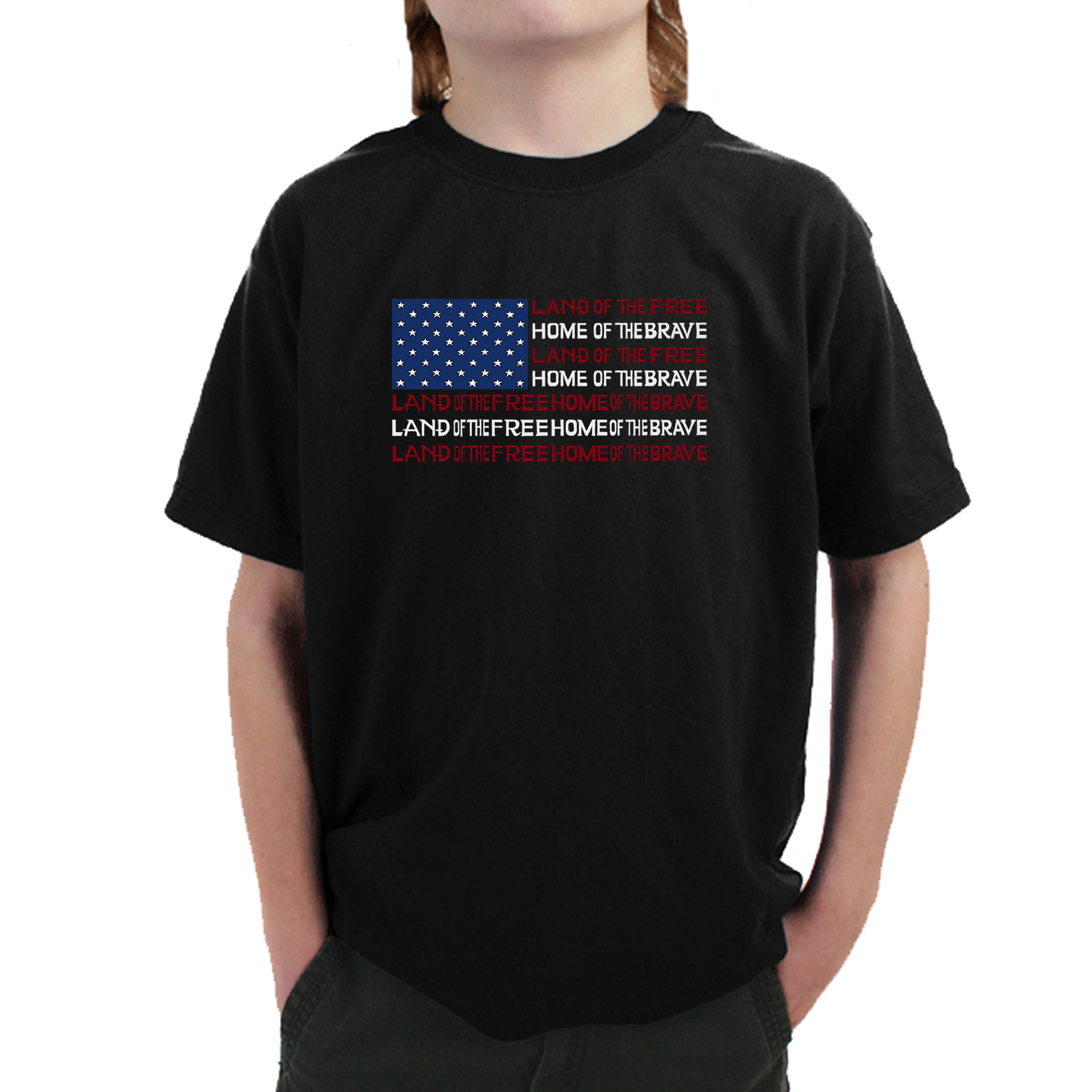 LA Pop Art Boy's Word T-Shirt - Land of the Free American Flag
