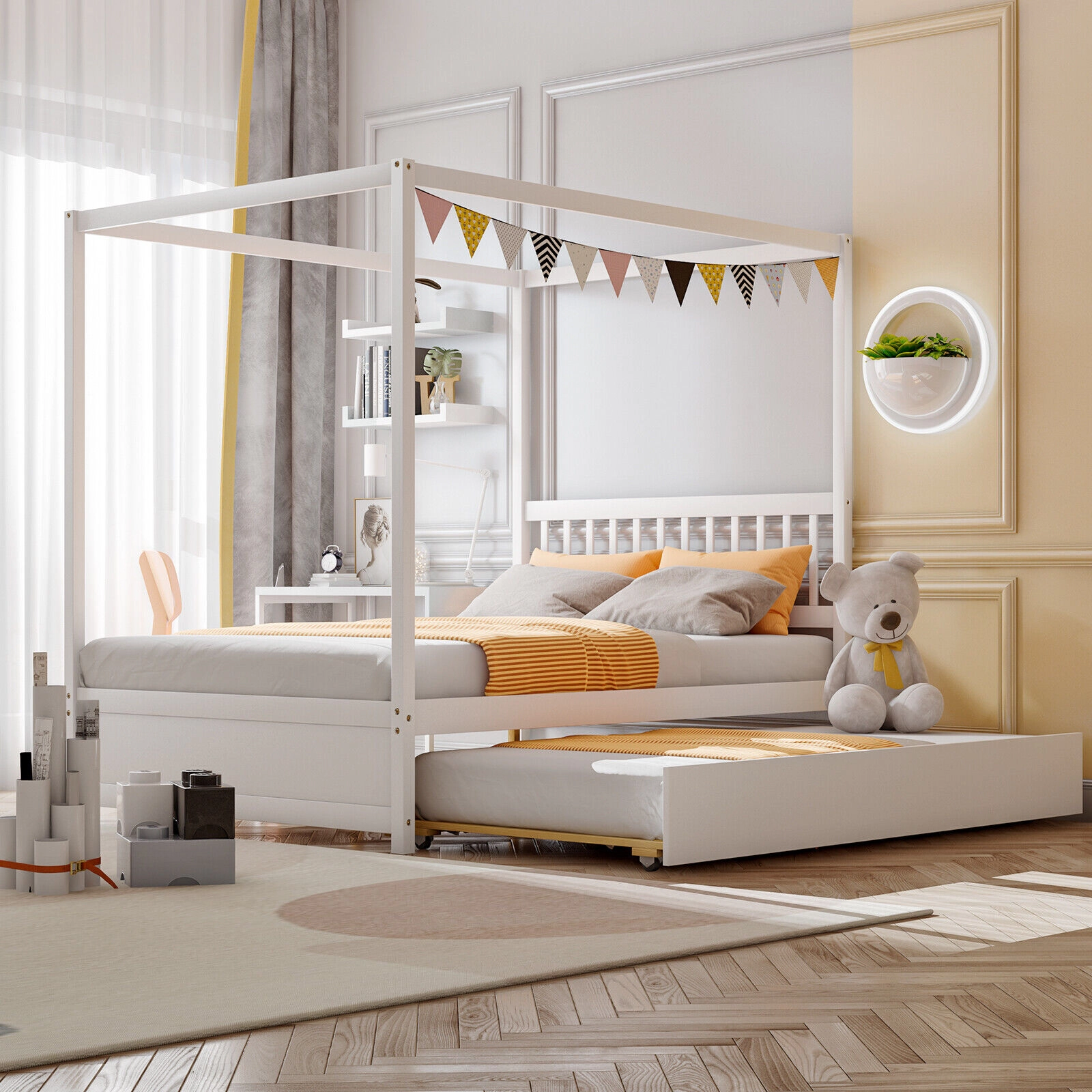 SUGIFT Full Canopy Bed with Rolling Trundle, White Wood Platform Frame