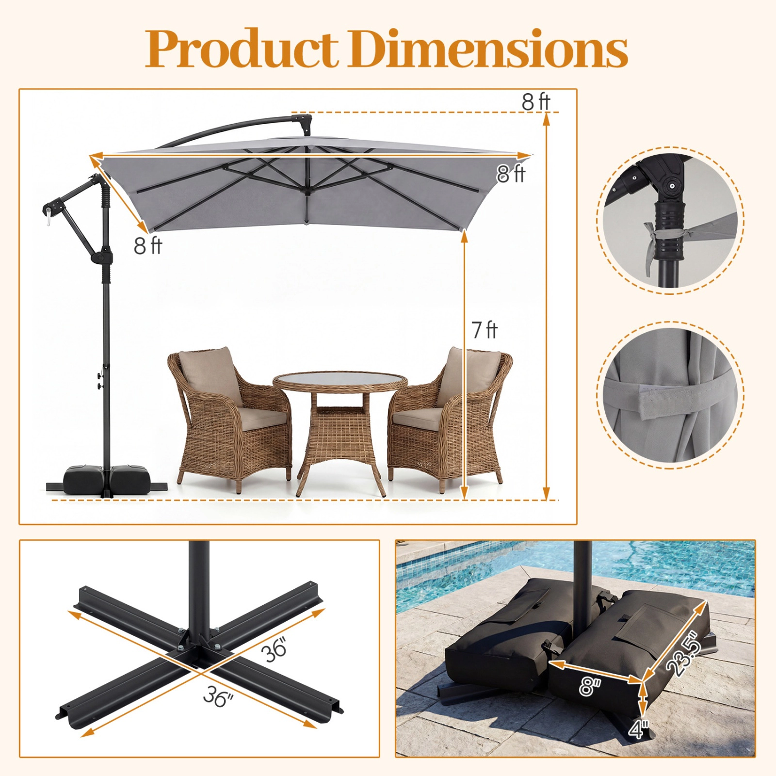 SUGIFT Gray 8 x 8 ft Square Offset Cantilever Patio Umbrella with 360 Degree Rotation
