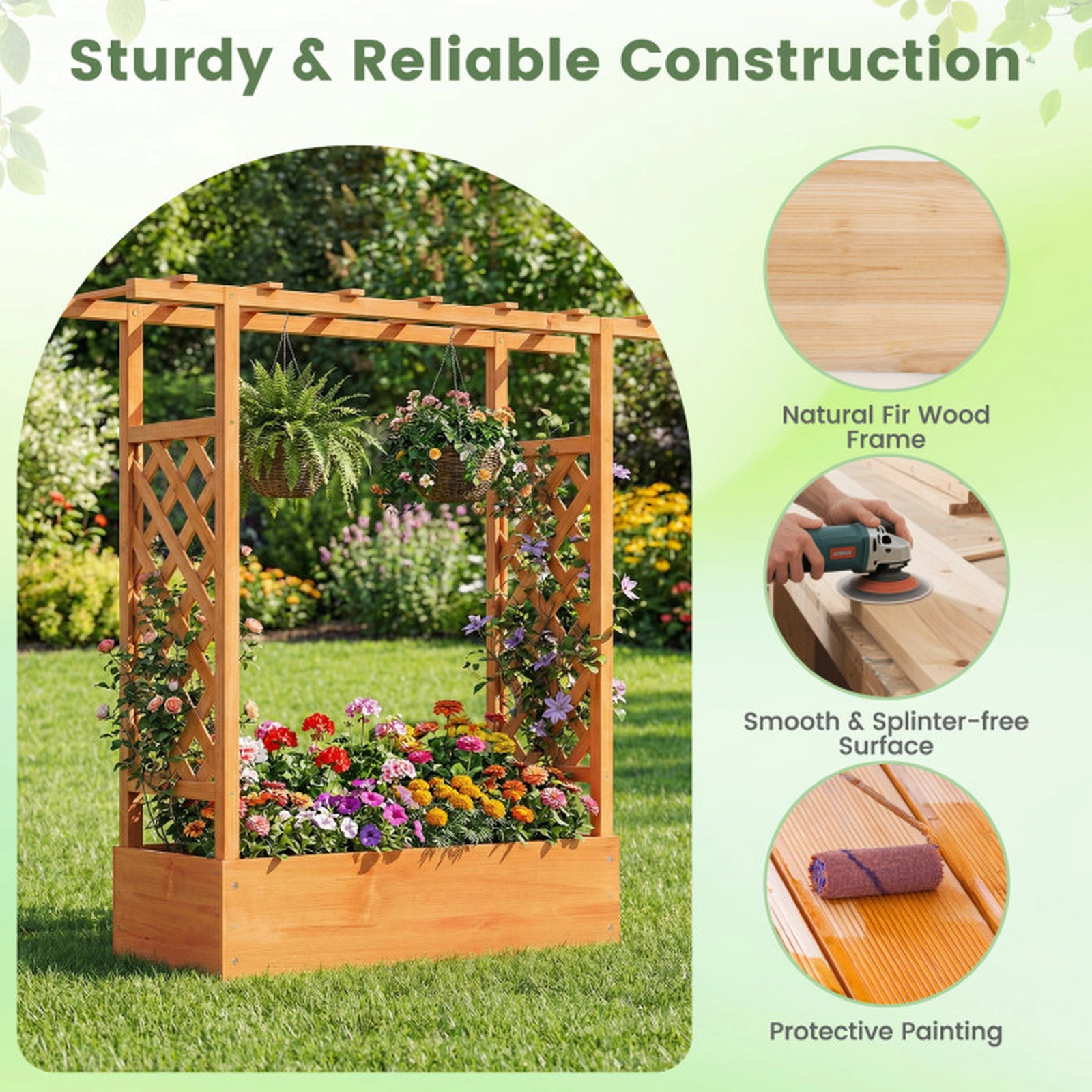 SUGIFT 45-in Tall 110-lb Capacity Fir Wood Raised Garden Bed with Dual Side Trellis and Flat Hanging Roof