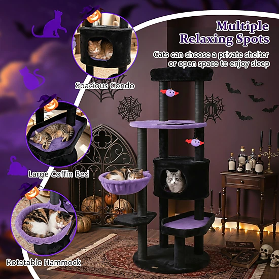 SUGIFT 60-in H Gothic Cat Tree with Coffin Bed Plush Perch and Spider ...