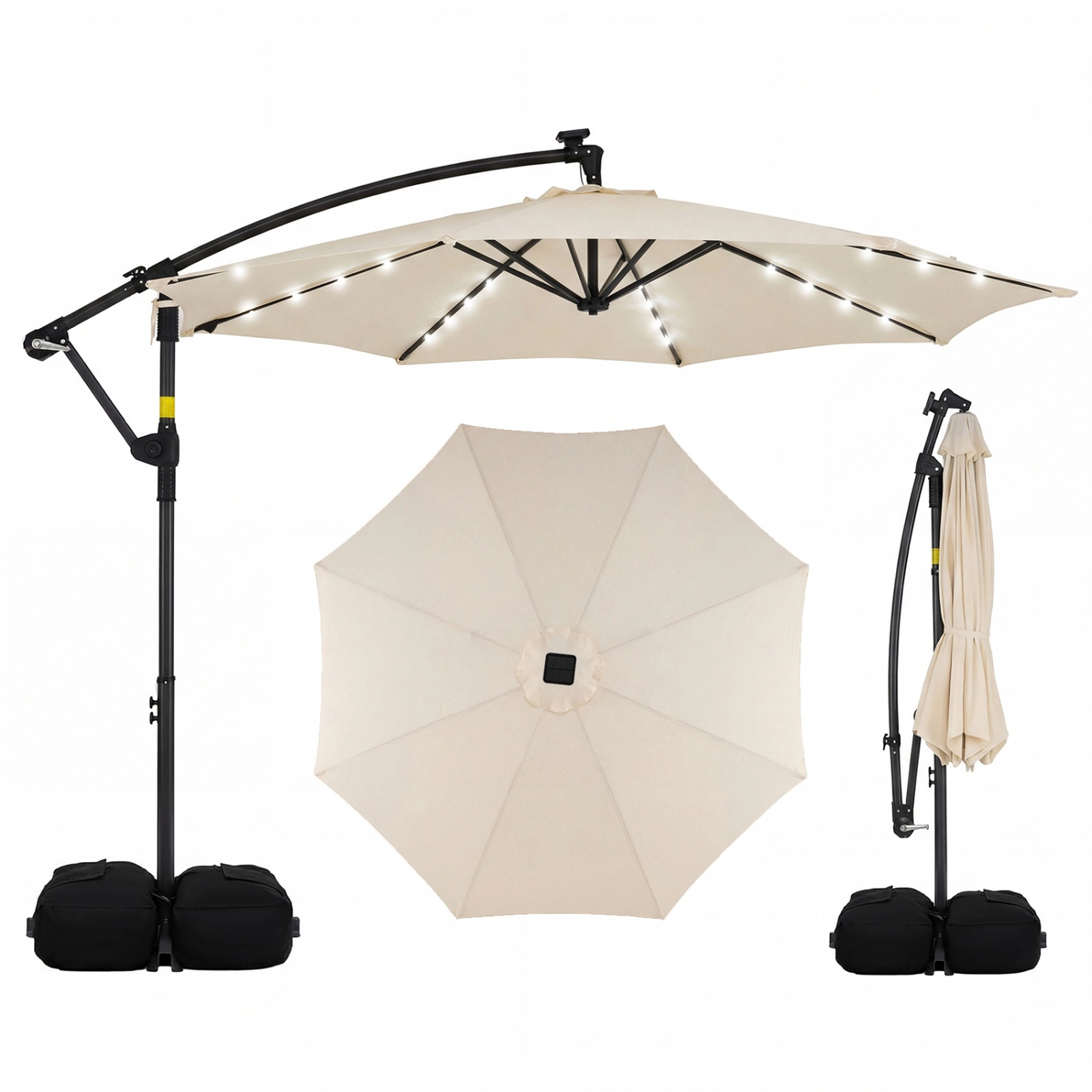 SUGIFT Solar LED Offset Cantilever Patio Umbrella with Crank 10 x 8-ft Canopy 116-lb Base Capacity with Sandbags Beige