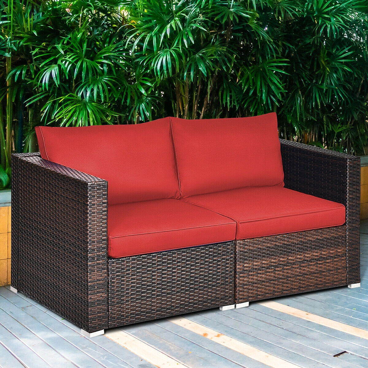SUGIFT 2-Piece Red Rattan Patio Corner Sofa Set with 4 Zip Cushions