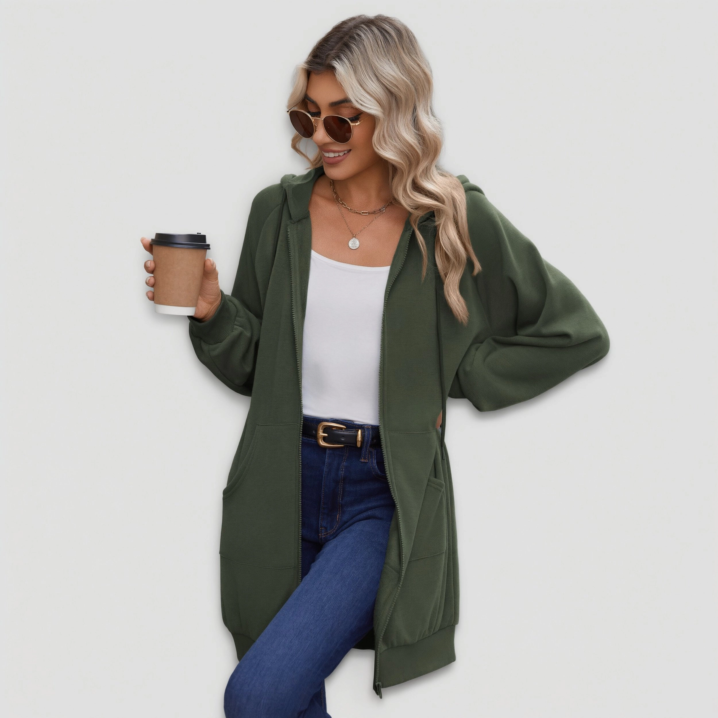 Zeagoo Women's Long Sleeve Oversized Zip Up Fleece Tunic Hooded Sweatshirt with Pockets