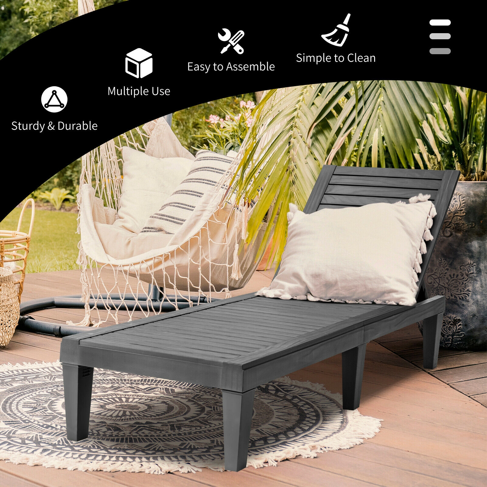 SUGIFT Outdoor Recliner Chaise Lounge Chair with 5-Position Adjustable Backrest 400-Lb Capacity Black