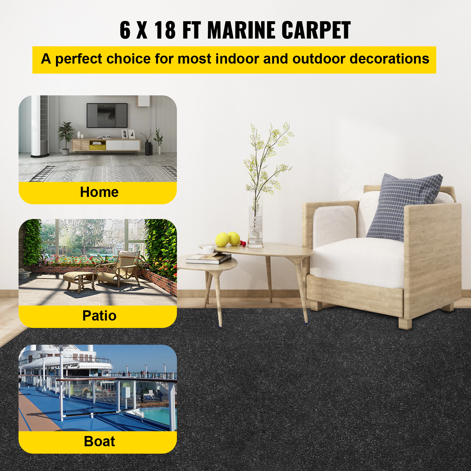HONGGE Boat Carpet 6 ft Marine Carpet for Boats Waterproof Black Indoor Outdoor Carpet with Marine Backing Anti-Slide