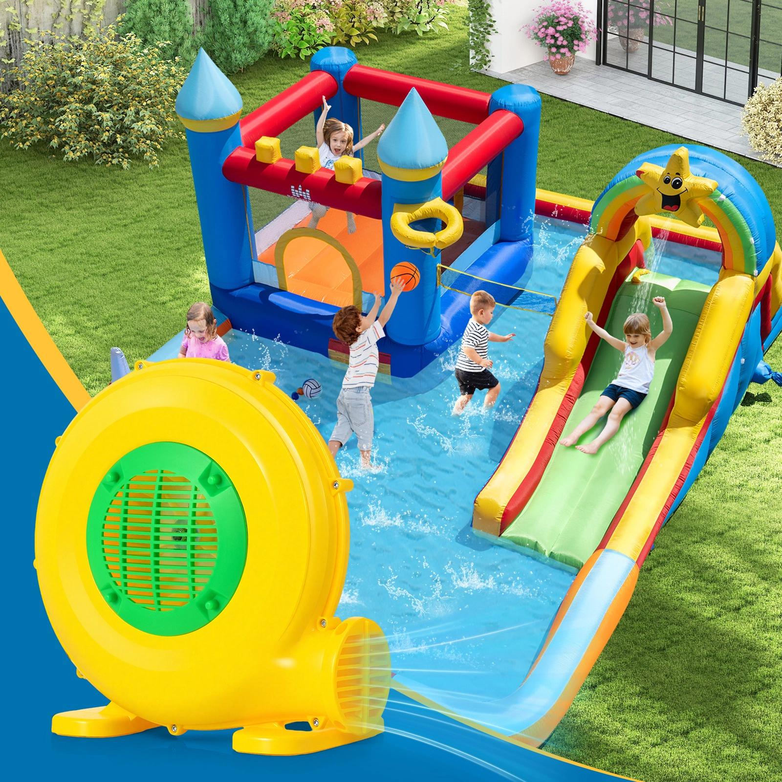 SUGIFT 610W Electric Air Blower for Bounce Houses with 4-in Air Outlet Yellow and Green