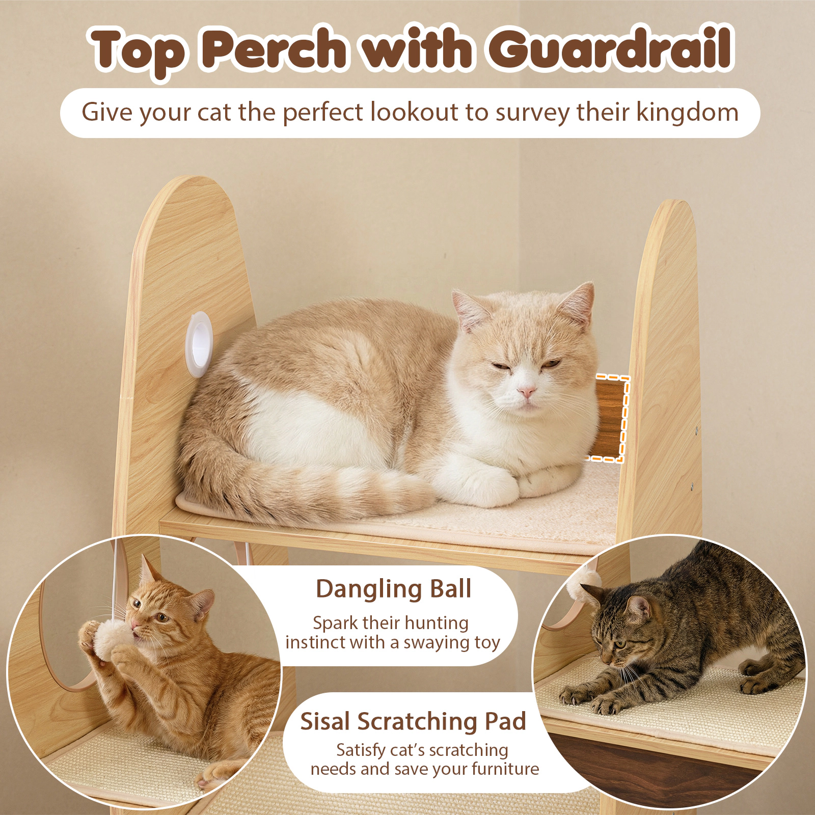 SUGIFT 47-in Rocket-Shaped Large Wooden Cat Tree Tower with Guardrail Top Perch 3 Entries and Sisal Pad