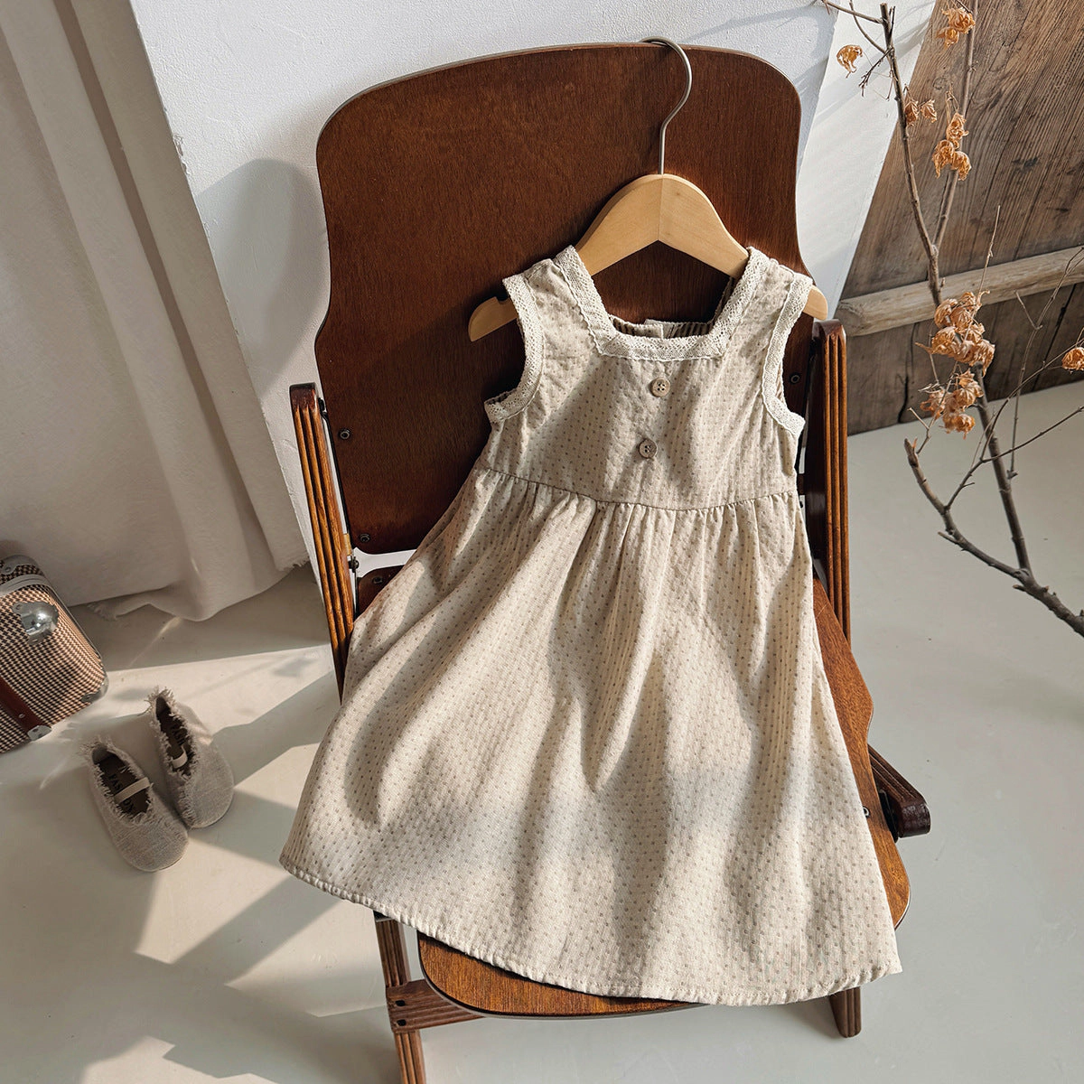 MyKids-USA Girls Sleeveless Lace Trim Geometric Dots Summer Dress