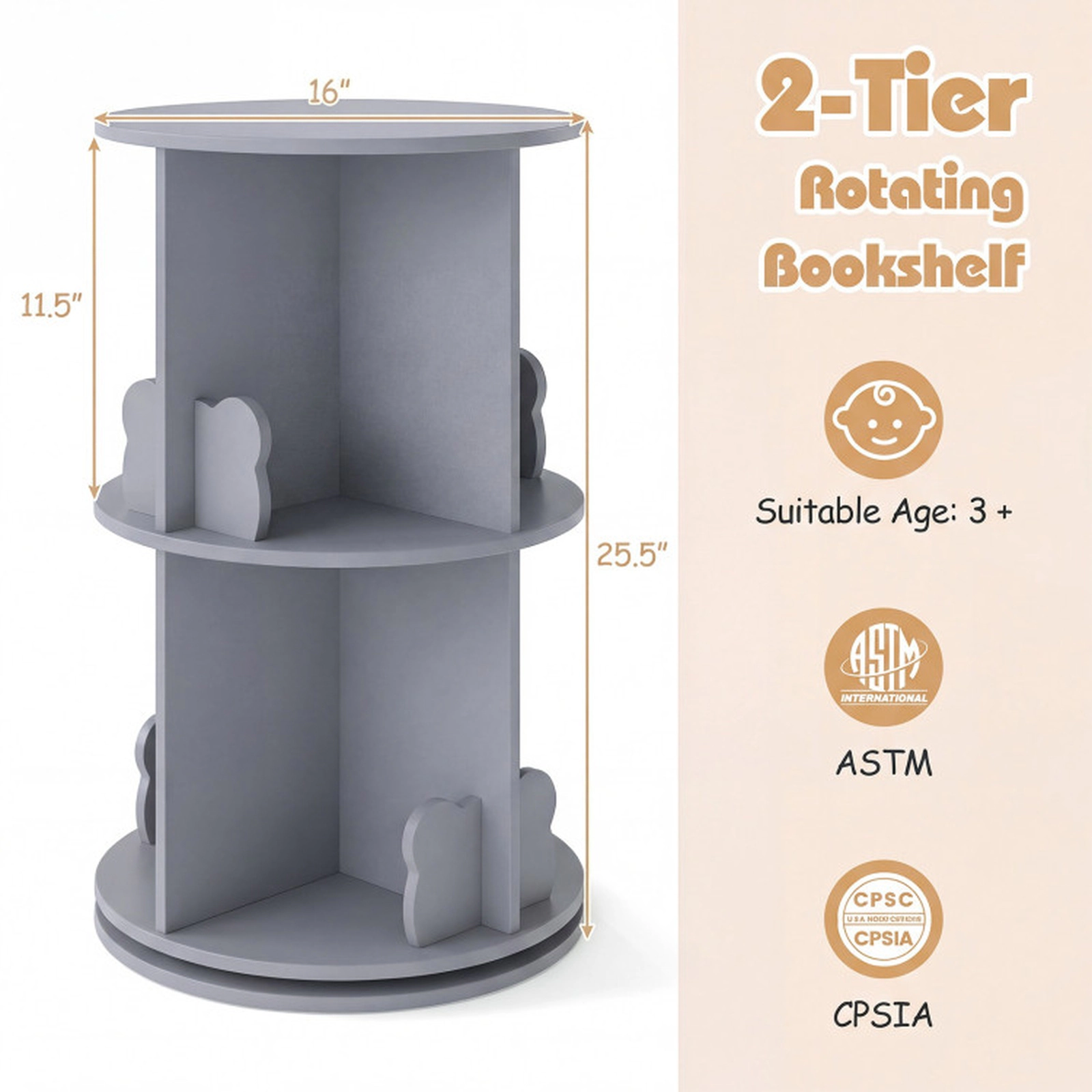 SUGIFT 2 Tier Freestanding Kids Rotating Bookshelf Storage Rack Toy Organizer 33-lb Capacity Coffee 8 Compartments