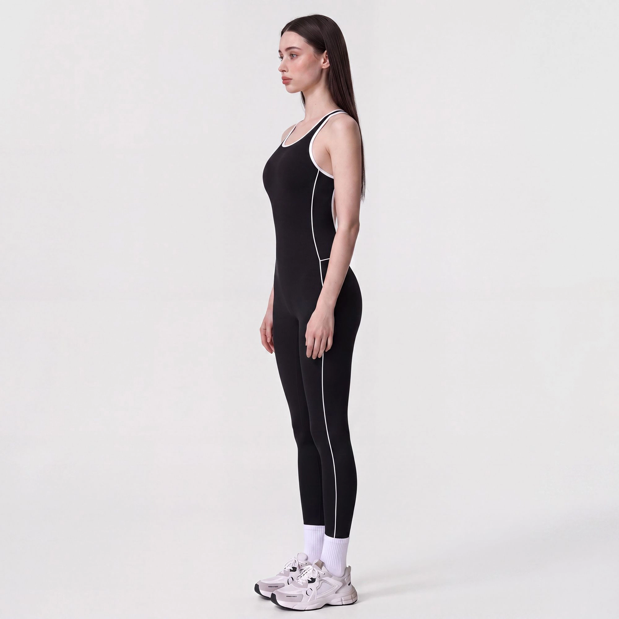 Anna-Kaci Women's Sleeveless One-Piece Active Jumpsuit with Contrast Piping Scoop Neck and Full Length Legging Fit