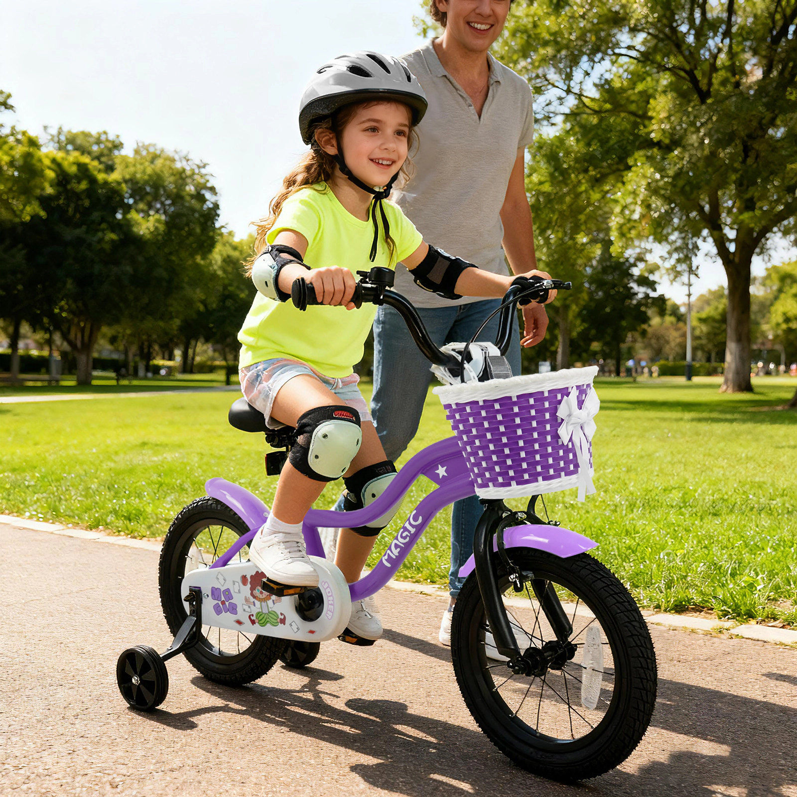 14-in Kids Bike with Removable Front Basket Training Wheels Bell Reflectors and Mudguards for Ages 3-5 Toddler Bicycle