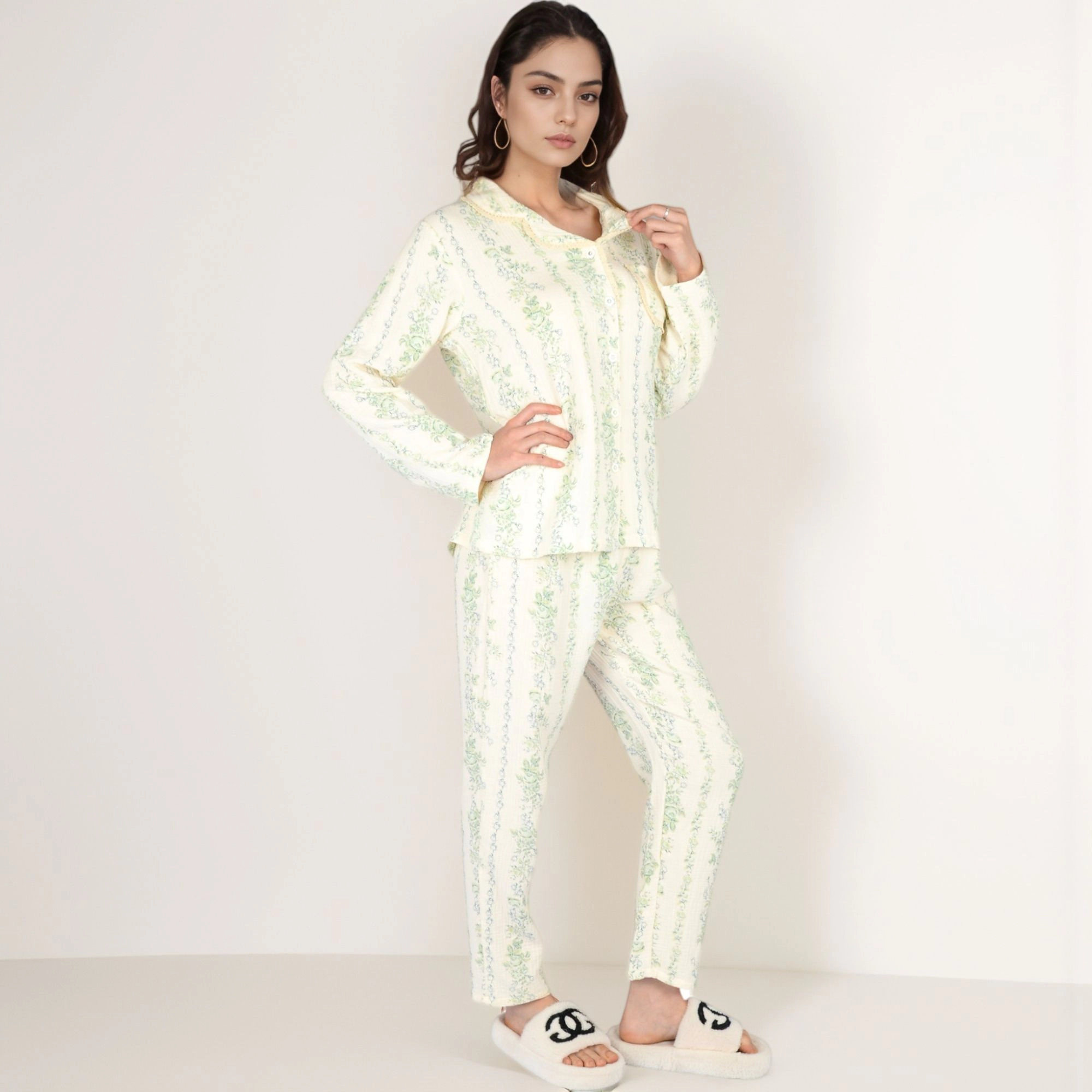 Anna-Kaci Women's Floral Stripe Pajama Set with Button Up Top Chest Pocket and Elastic Waist Pants