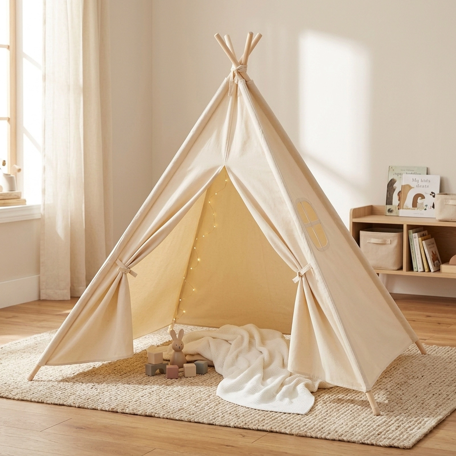 Foldable Kids Teepee Play Tent 47-in Cotton Canvas Tent with Pine Wood Poles Side Pockets Window and Carrying Bag Beige