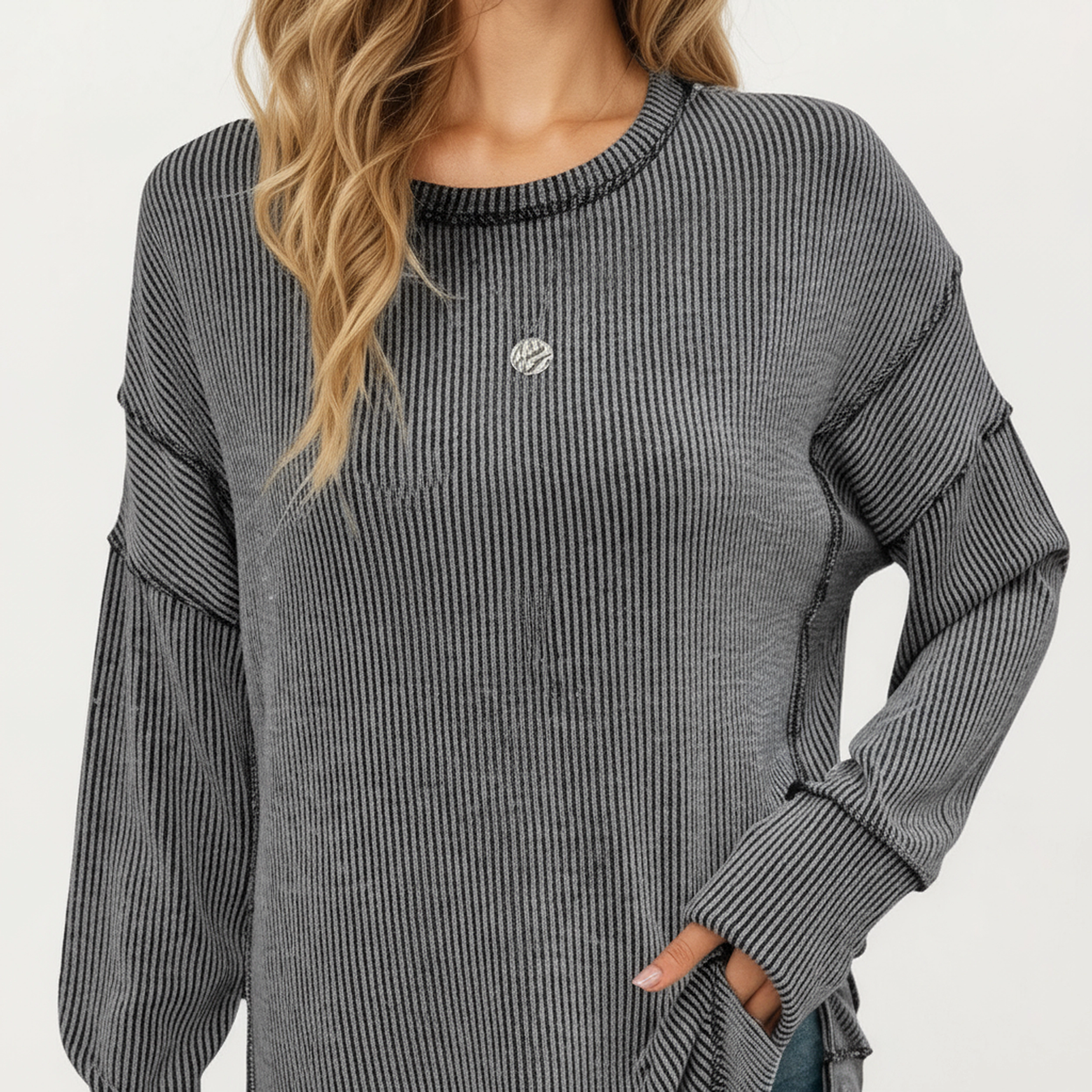 Anna-Kaci Women's Ribbed Side Slit Crew Neck Long Sleeve Pullover Knit Top