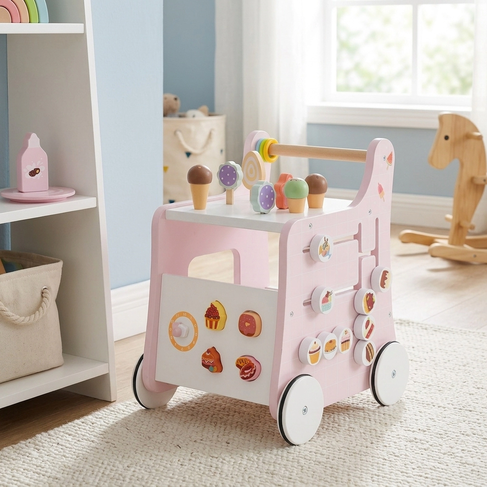 2-in-1 Wooden Baby Walker and Ice Cream Shop Playset with Dessert Sorter Maze Sliders and Under-Counter Storage Pink
