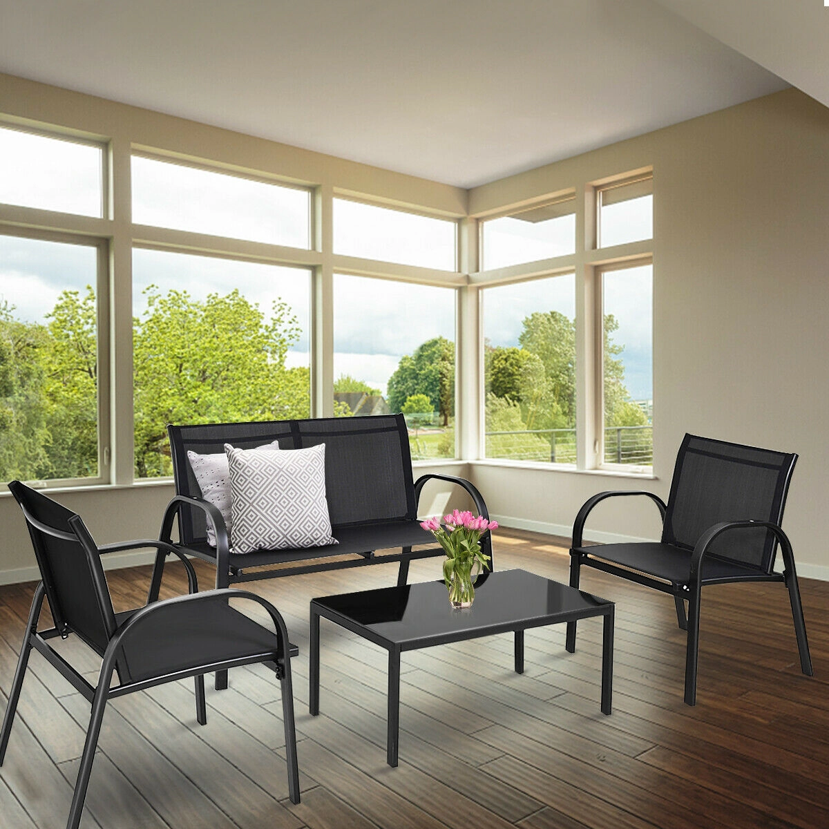SUGIFT 4-Piece Black Patio Conversation Set, Loveseat, 2 Armless Sofas, Glass-Top Tea Table