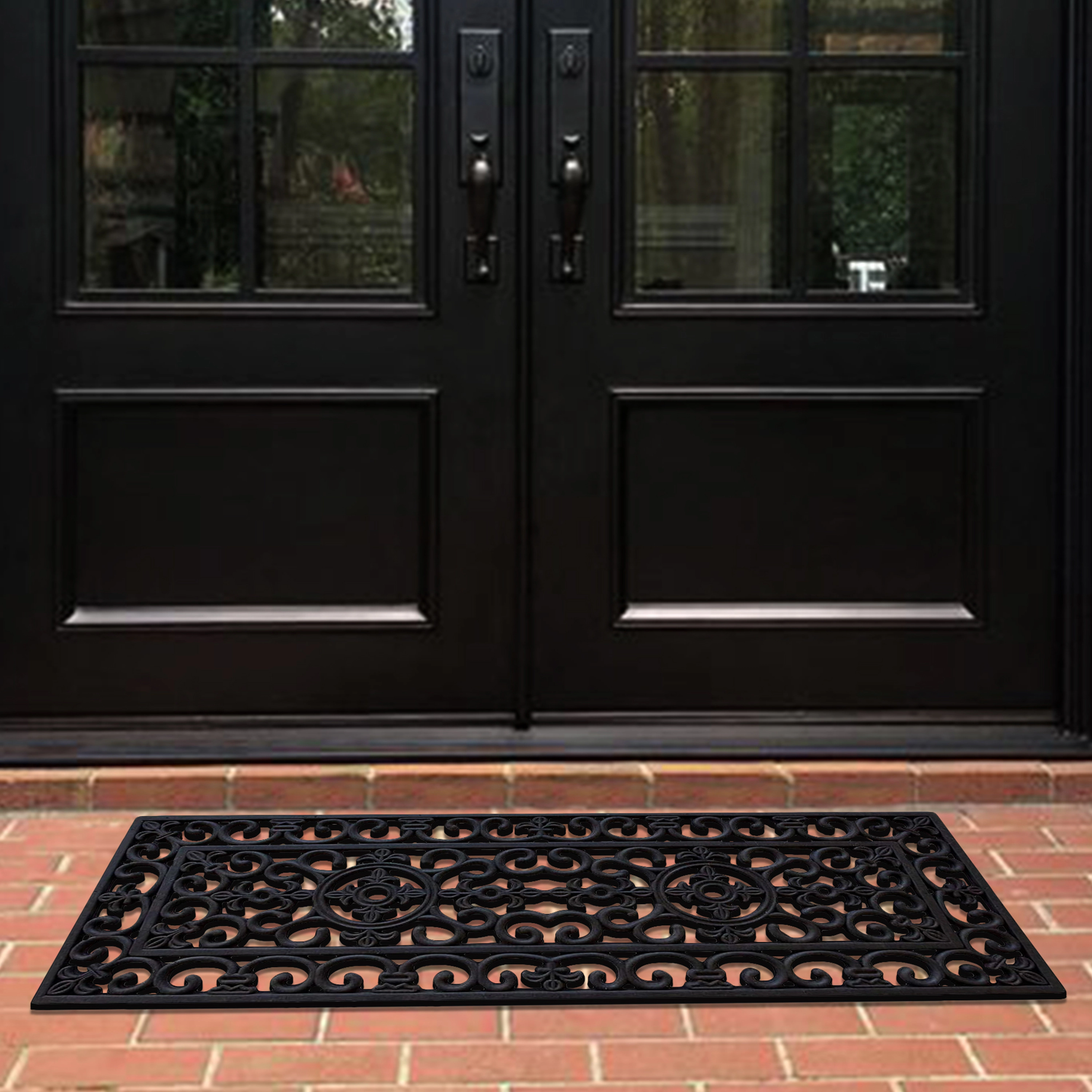 A1 Home Collection 8 lb Heavy Duty Rubber Outdoor Doormat Non-Slip Dirt Scraper Mat, Black Paisley, 18 x 48 Inches