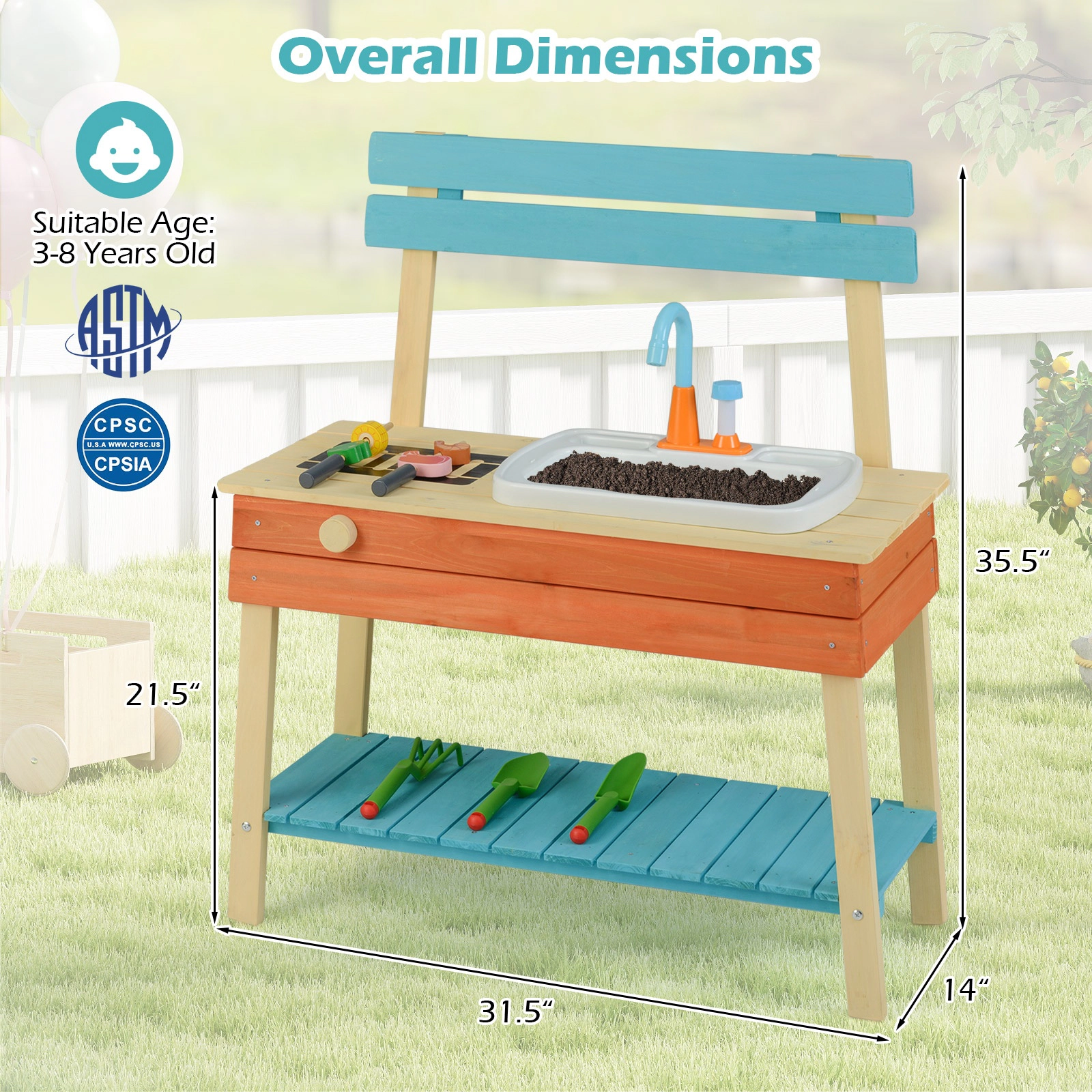 SUGIFT Wooden Mud Play Kitchen Set with Grill Rack Sink and Gardening Tools Ages 3-8 Multi-Color