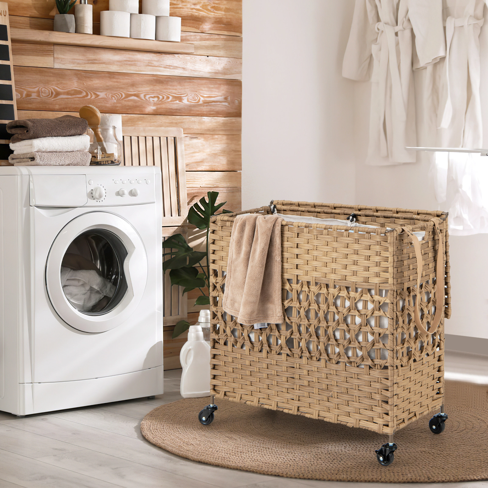 SUGIFT Natural 110L 2-Section Rolling Laundry Hamper with 4 Wheels 2 Removable Liners and Flip-Up Lid