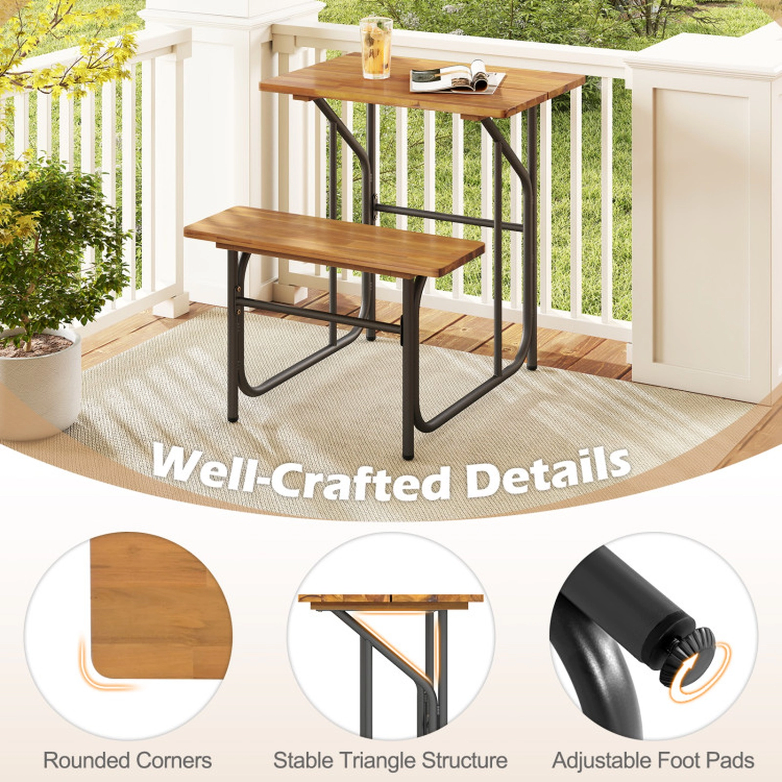 SUGIFT Single-Side Acacia Wood Patio Table and Bench Set 180-lb Tabletop 400-lb Bench Black + Natural
