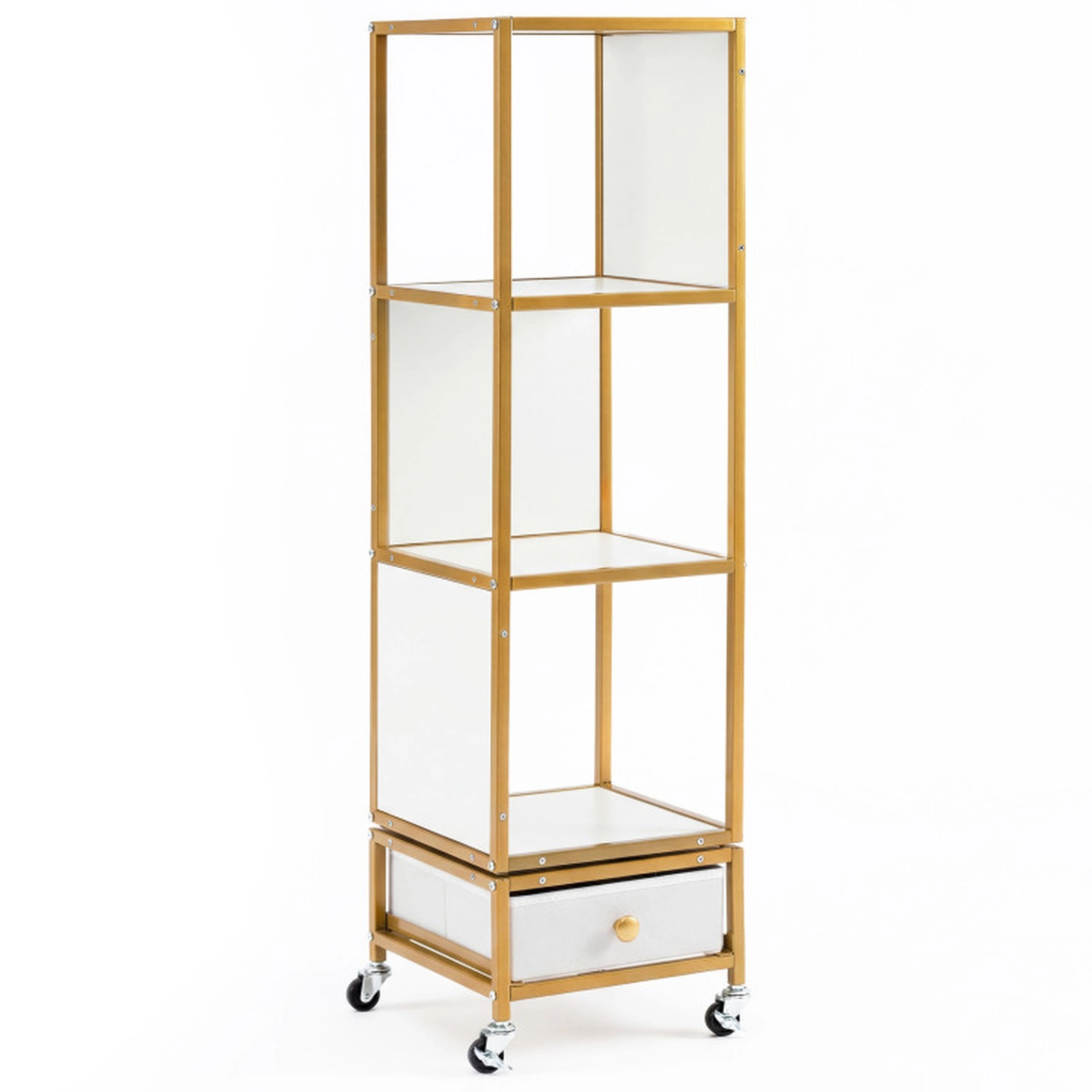 SUGIFT 4-Tier Rotating Bookshelf on Wheels with 44-lb Shelf Capacity Removable Drawer White Gray Black Golden