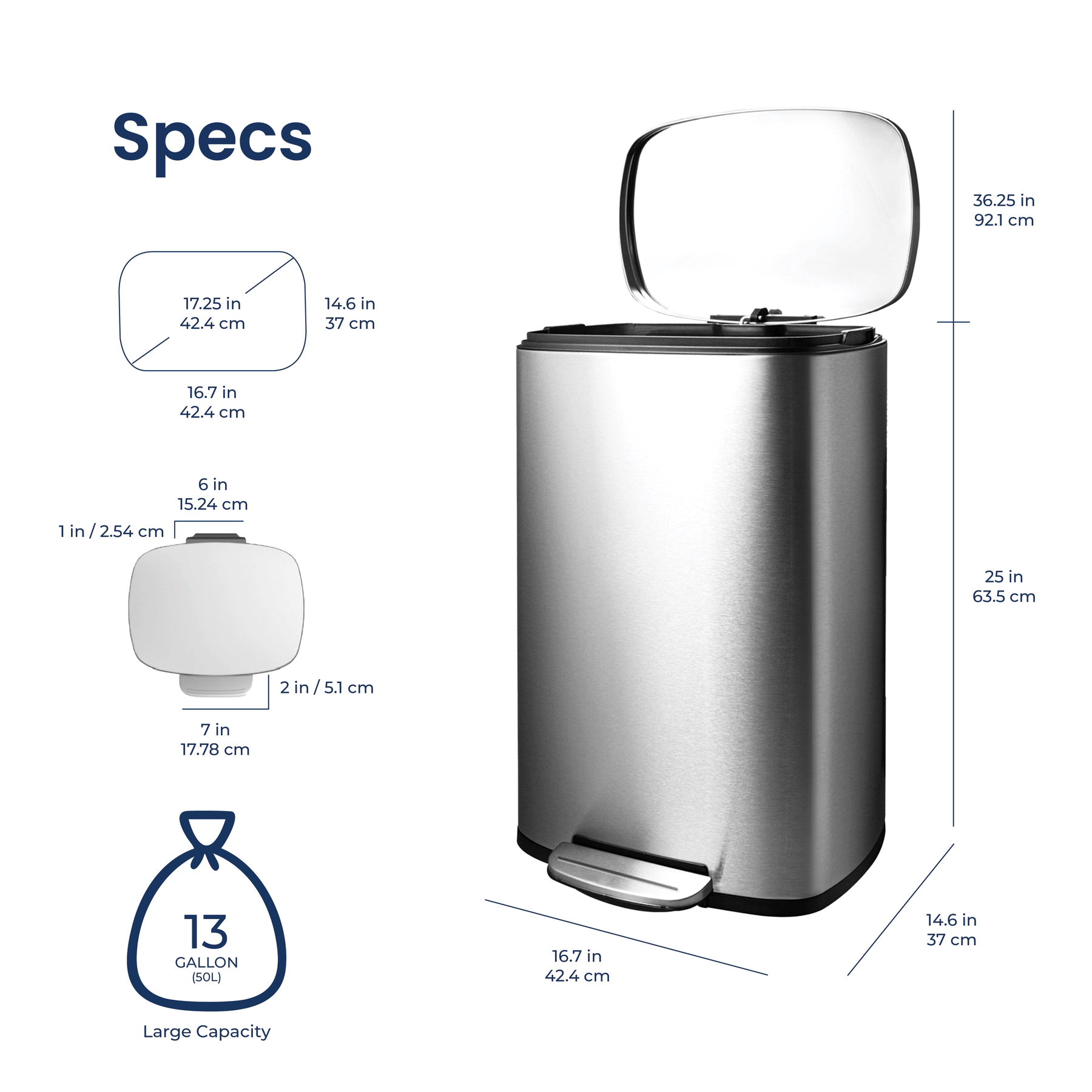 Ninestars Rectangular 13.2-Gallon Stainless Steel Step-On Trash Can