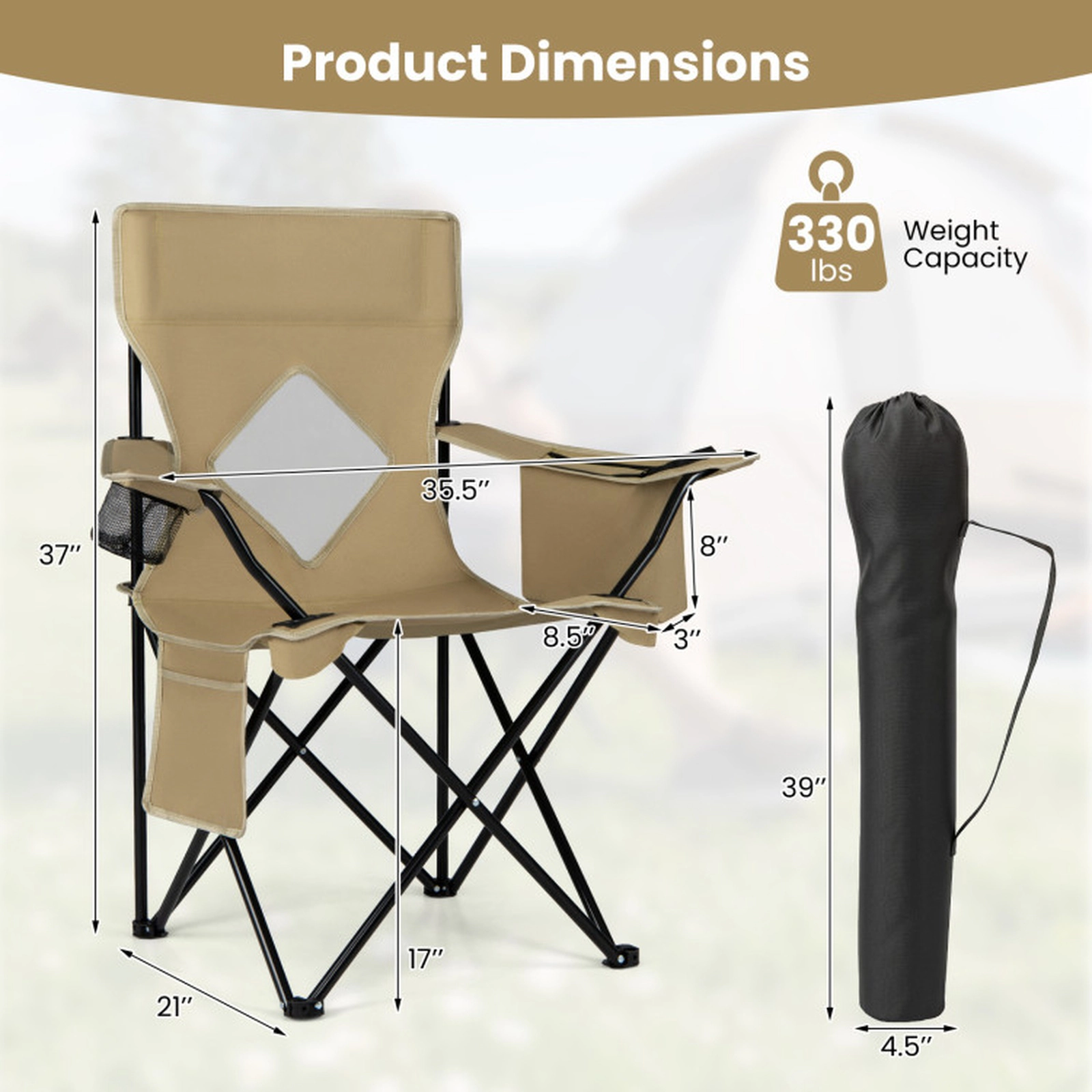SUGIFT Green Folding Camping Chair with Mesh Backrest and Cooler Bag 35.5-in W 21-in D 37-in H 330-lb Seat Capacity