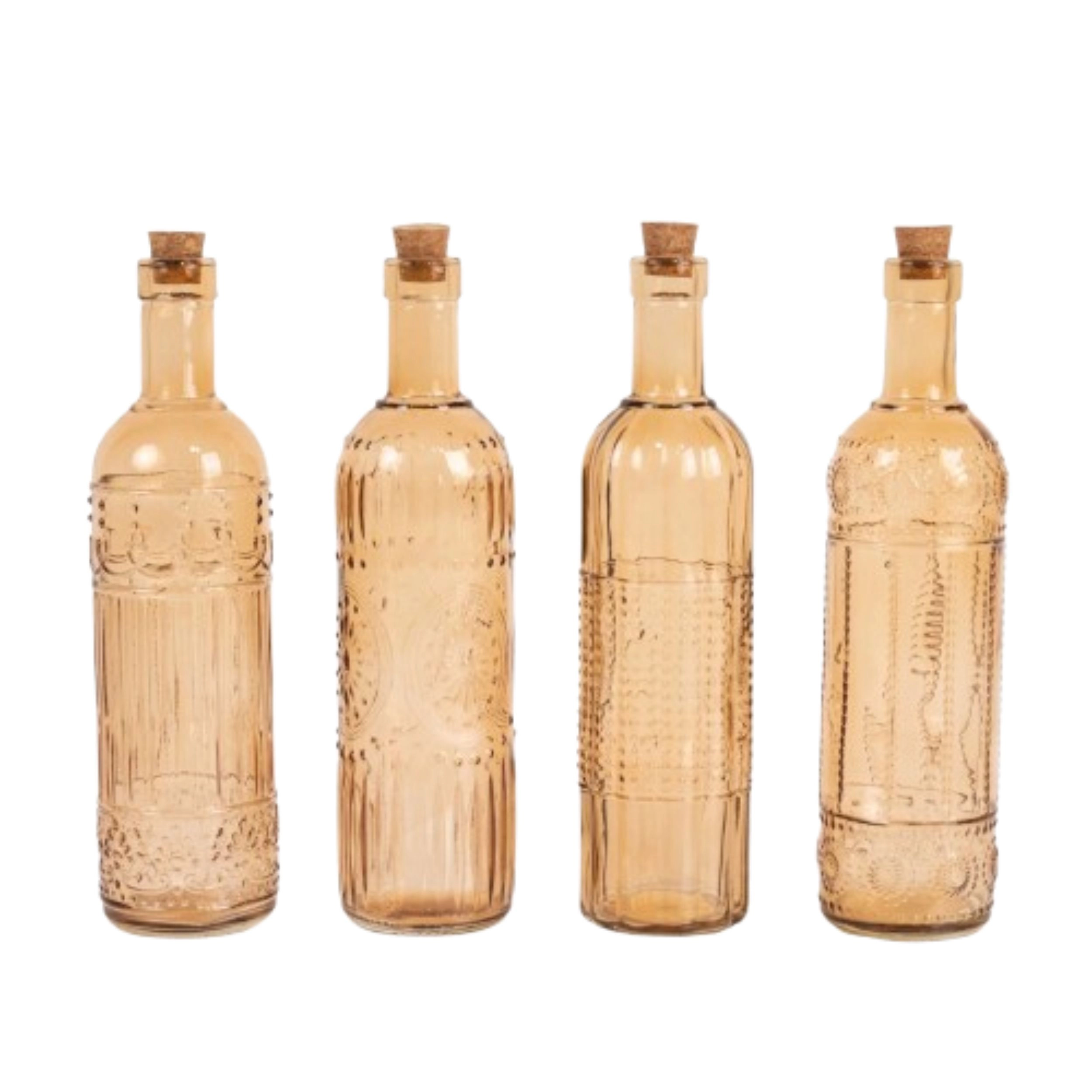 Home Collection Set of 4 10-Inch Embossed Glass Bottles with Corks