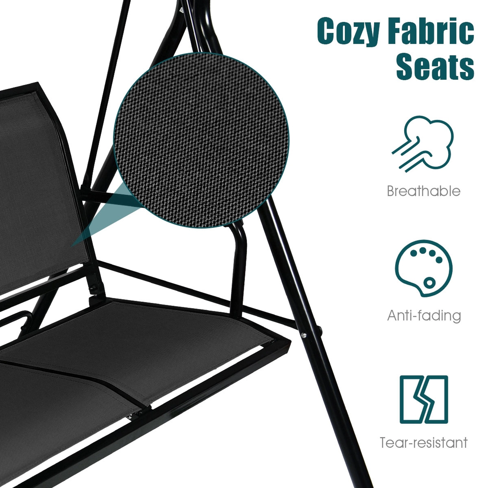 SUGIFT 67-in Wide 3 Person Patio Swing Chair with Polyester Angle Adjustable Canopy 550-lb Capacity Black/Brown/Blue