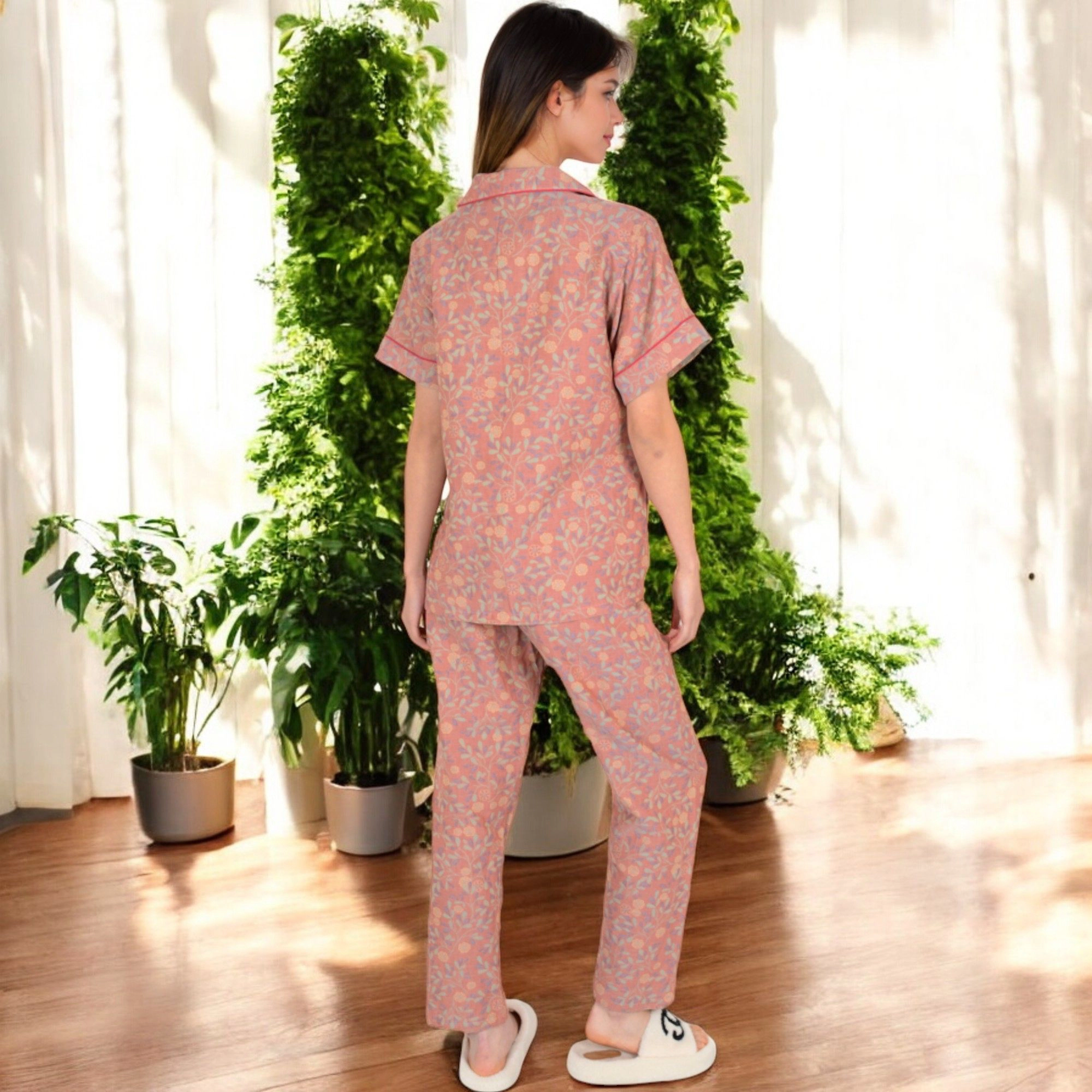 Anna-Kaci Women's Floral Print Short Sleeve Pajama Set with Button Up Top and Piping Details