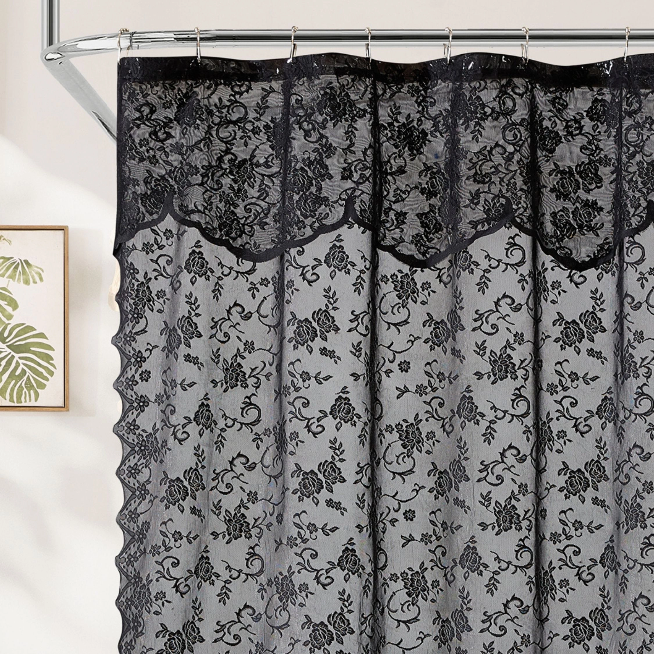 HLC.ME Harper Victorian Lace Shower Curtain with Floral Vine Design and Attached Valance