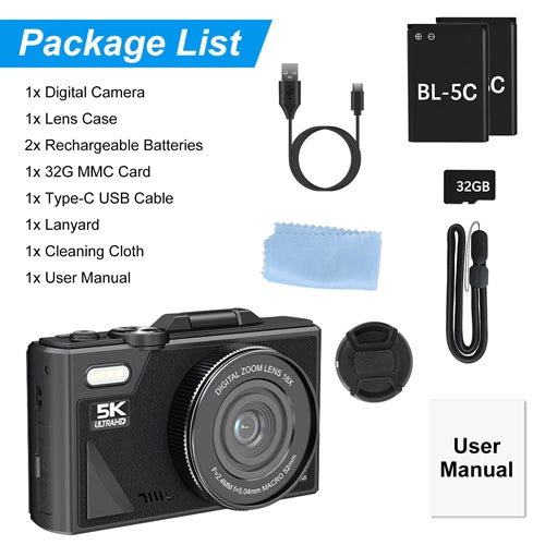 GBruno 5K 75MP Anti-Shake Digital Camera With WiFi