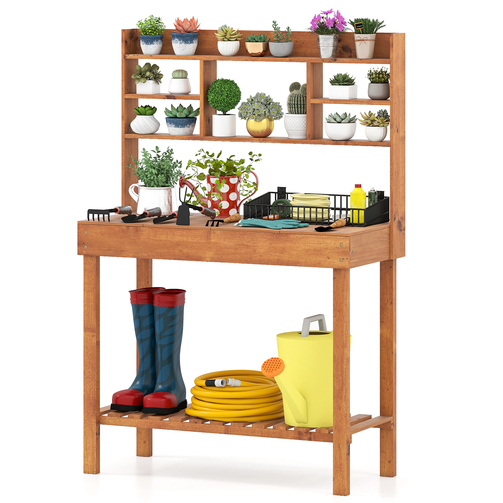 LJG Wooden Potting Bench Table Garden Planting Workstation with 3-Tier Open Shelf