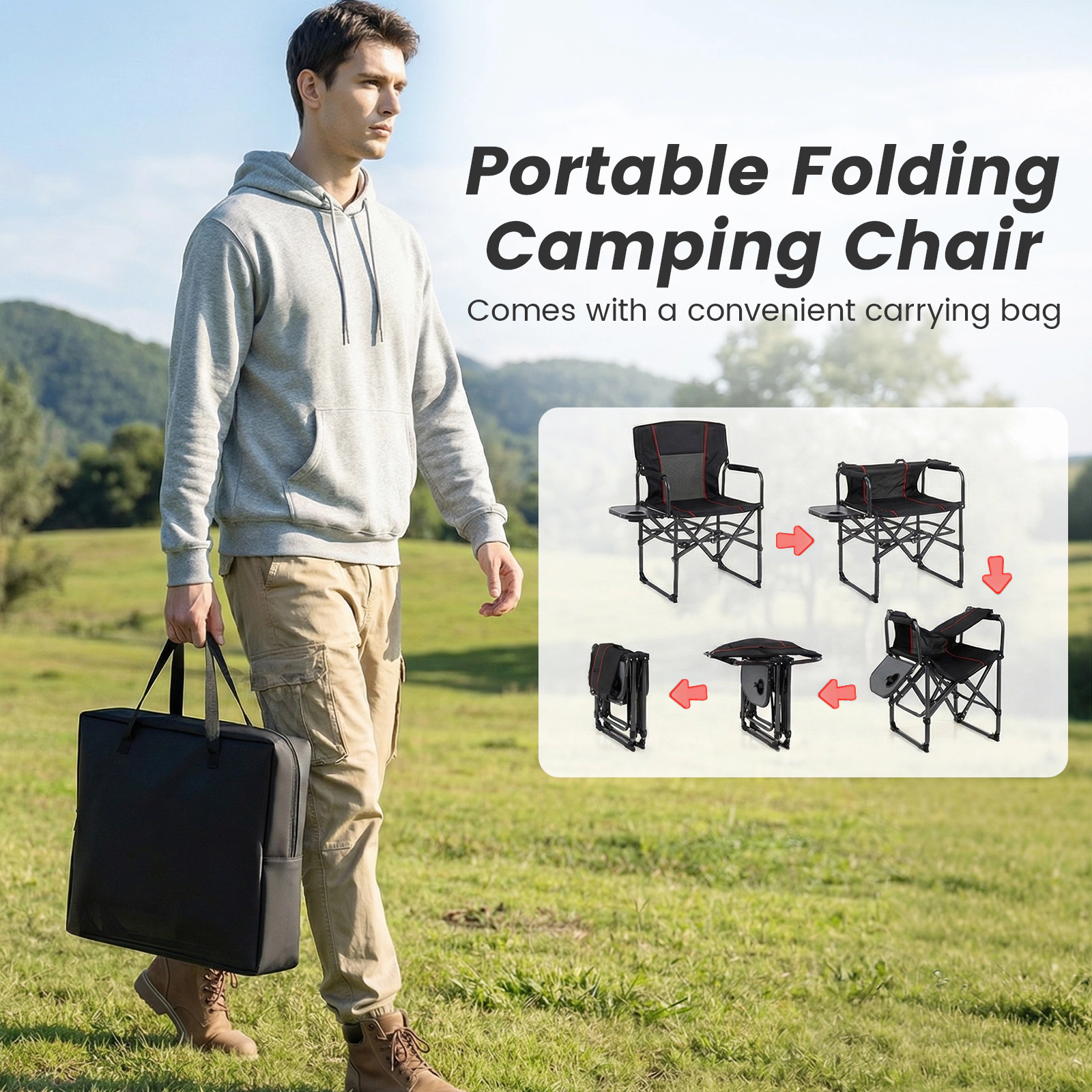 SUGIFT 500-lb Capacity Padded Folding Camping Chair with 25-lb Side Table Mesh Back and 3-in Cup Holder