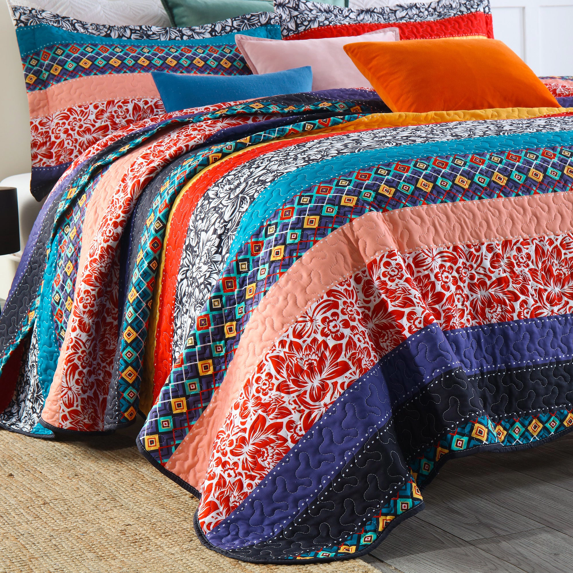 MarCielo 3 Pieces Soft Polyester Bohemian Stripe Patchwork Quilt Bedspread Set