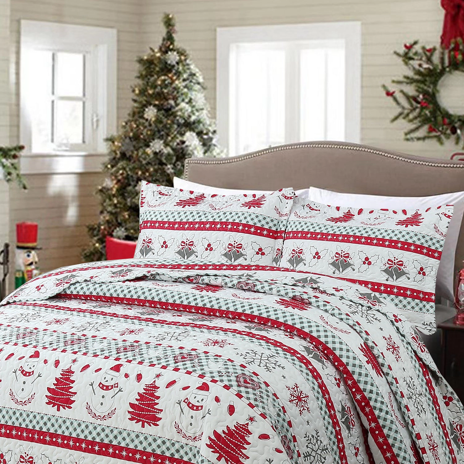 MarCielo 3 Piece Christmas Quilt Bedspread Set, Snowflake Christmas Tree Coverlet Set