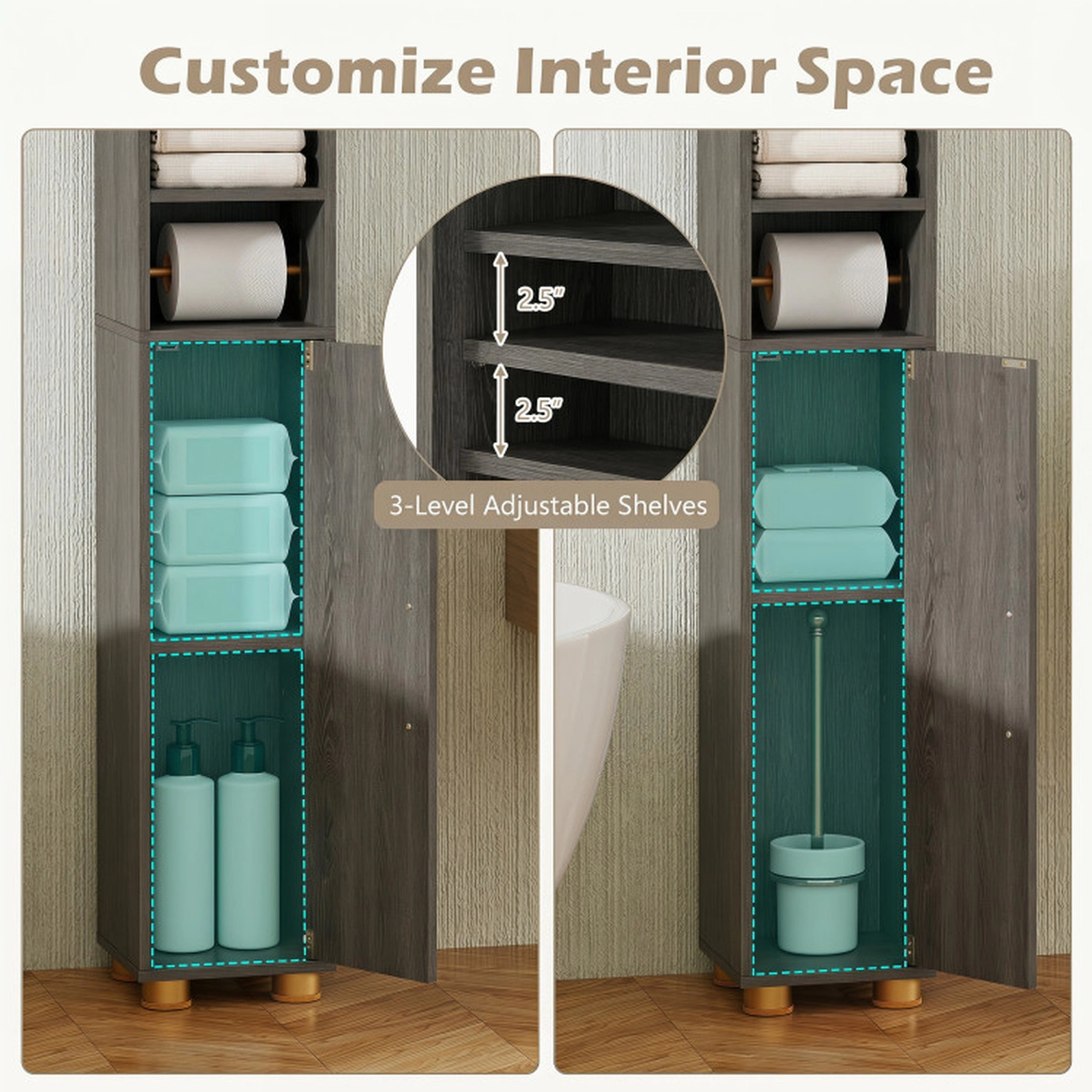 SUGIFT Narrow Bathroom Storage Cabinet with Open Shelves and Toilet Paper Holder 11-lb Shelves 4.5-lb Hook Gray