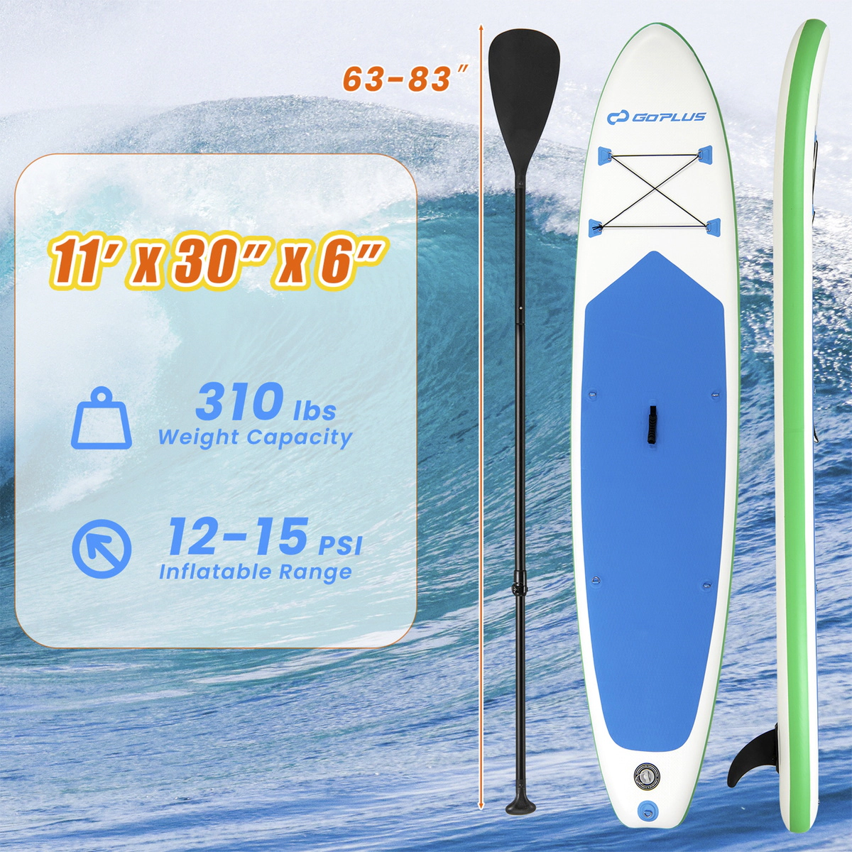 SUGIFT Adult White 11-ft Inflatable Paddle Board with Detachable Fin Ankle Leash and Backpack 30-in W 6-in D