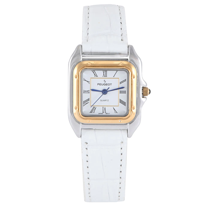Peugeot Women's Watch 32mm Square Tank Shape White Leather Strap Watch