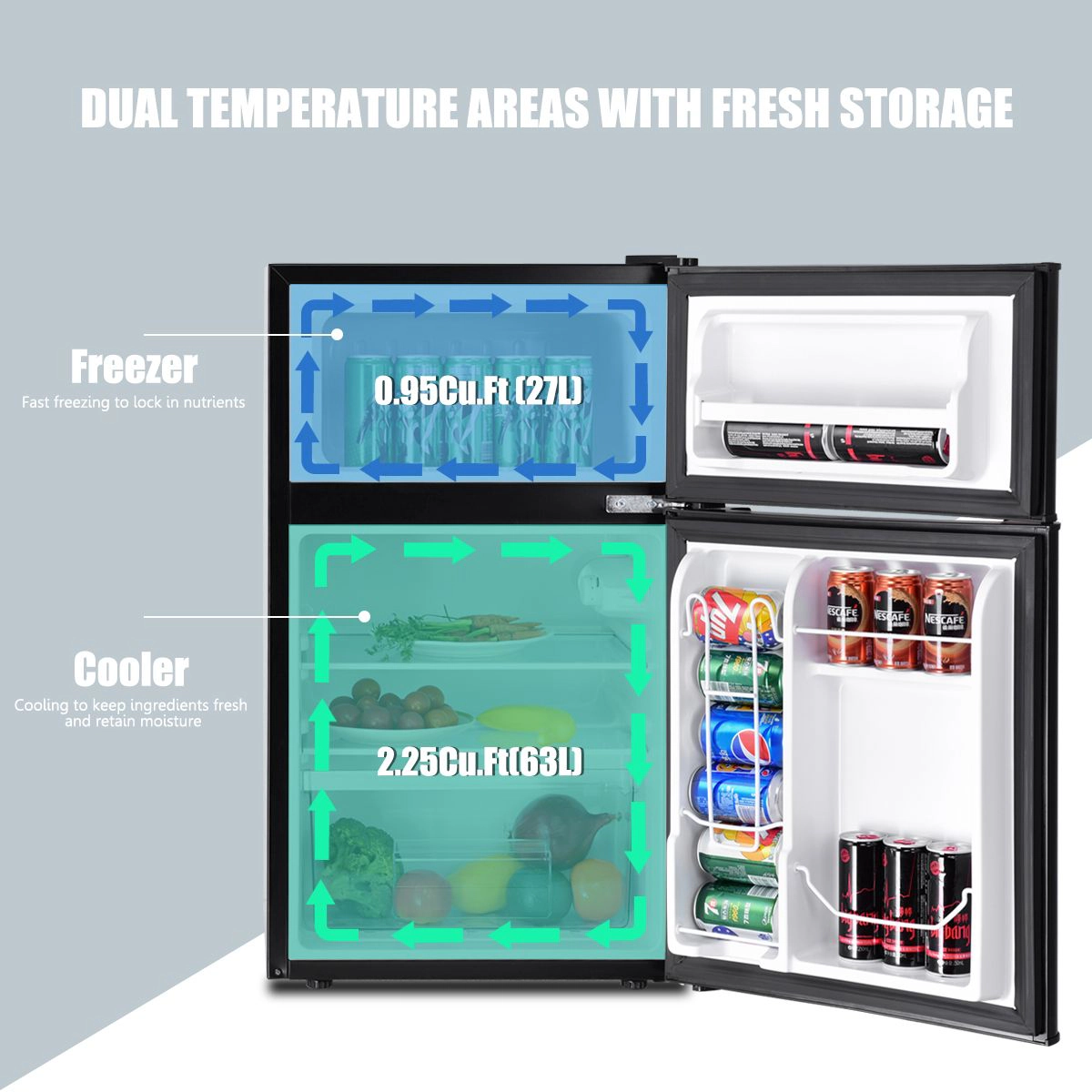 SlickBlue Compact Mini Refrigerator with Freezer, Glass Shelves and Crisper