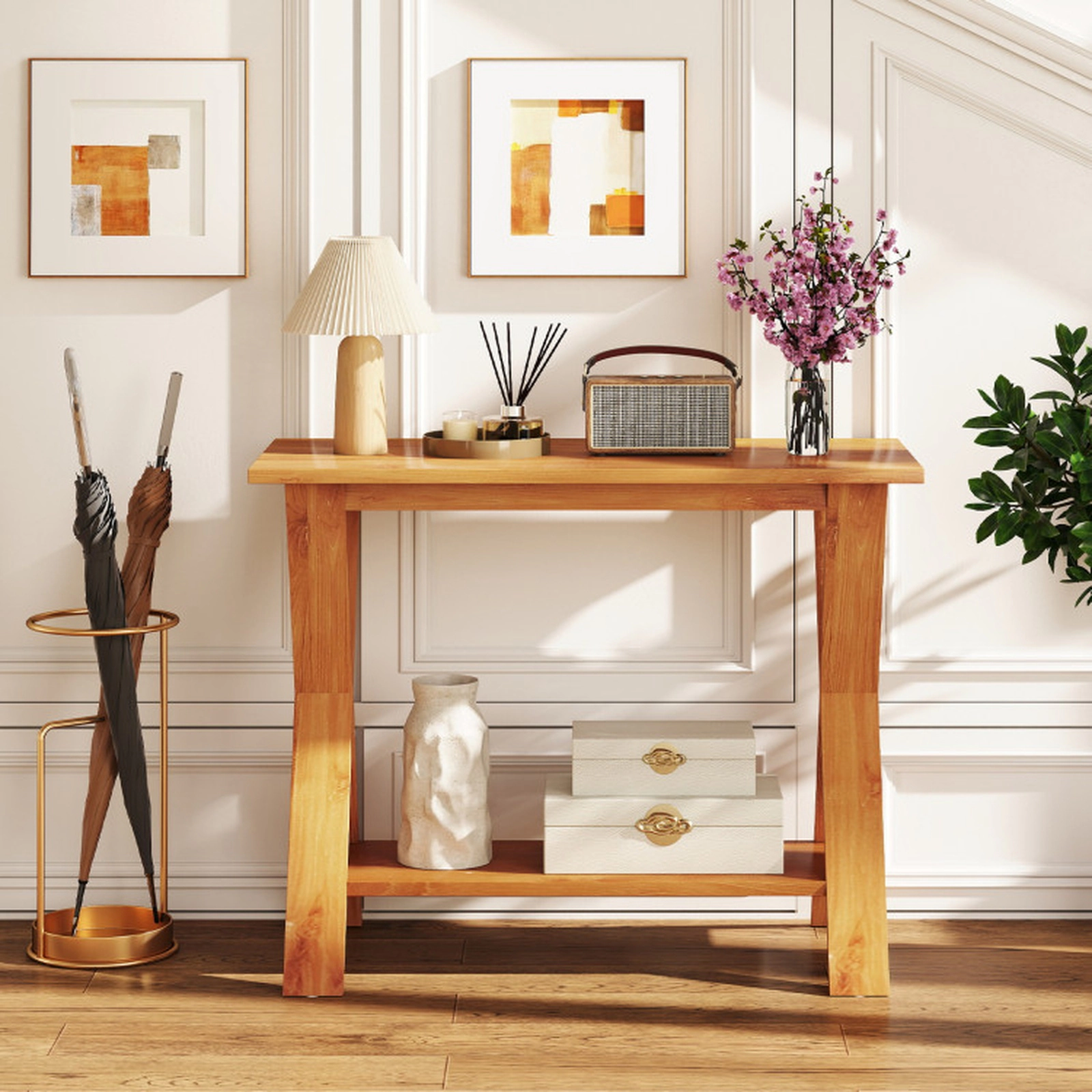 SUGIFT 2-Tier Solid Wood X Legs Storage Shelf Console Table 35.5-in x 16-in x 28-in 133-lb Capacity Natural Teak