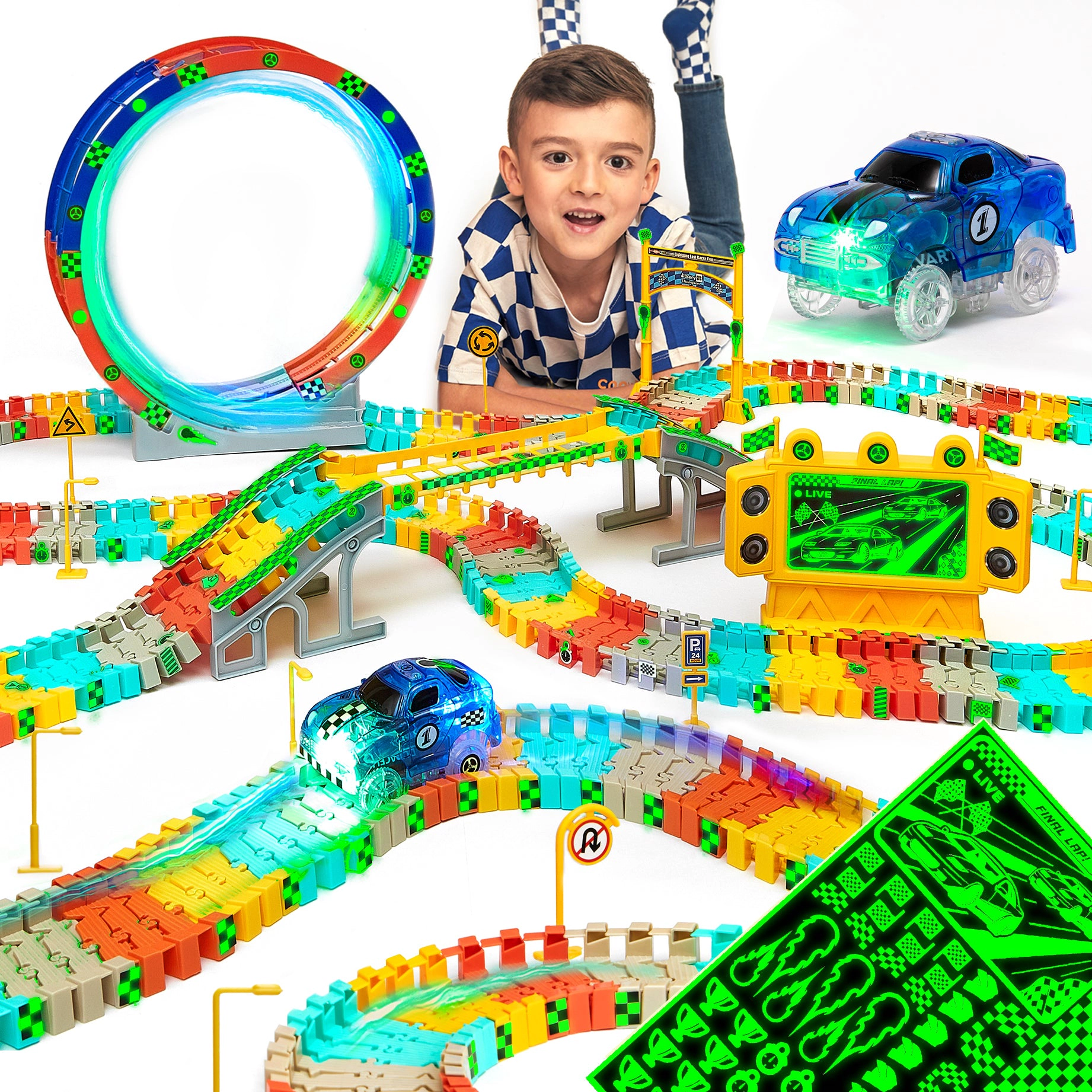 JitteryGit Kids Glow Race Track Set - 182-Piece Track with Loop, Bridge & Glow Stickers